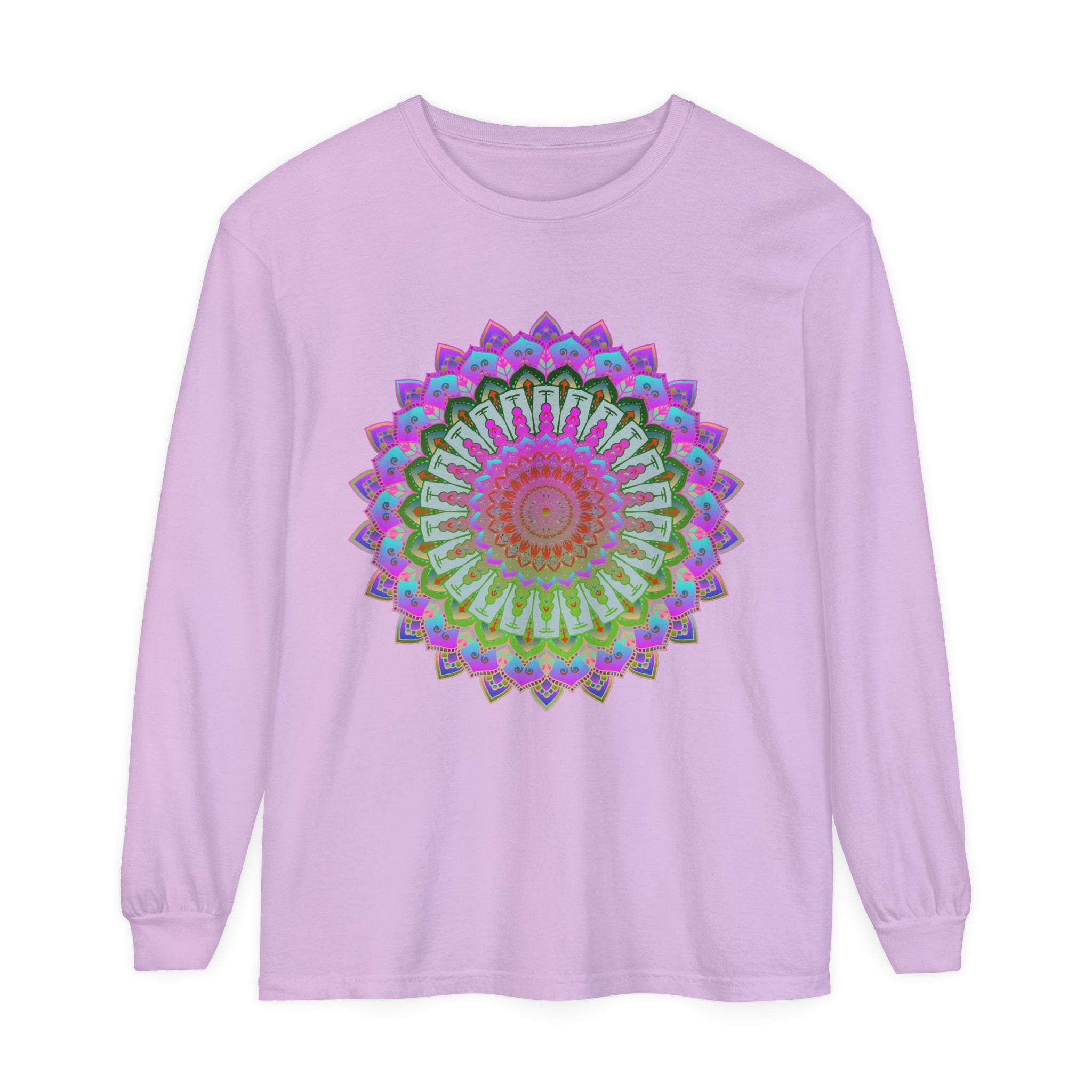 Unique unisex long sleeve t-shirt showcasing a beautiful and intricate mandala