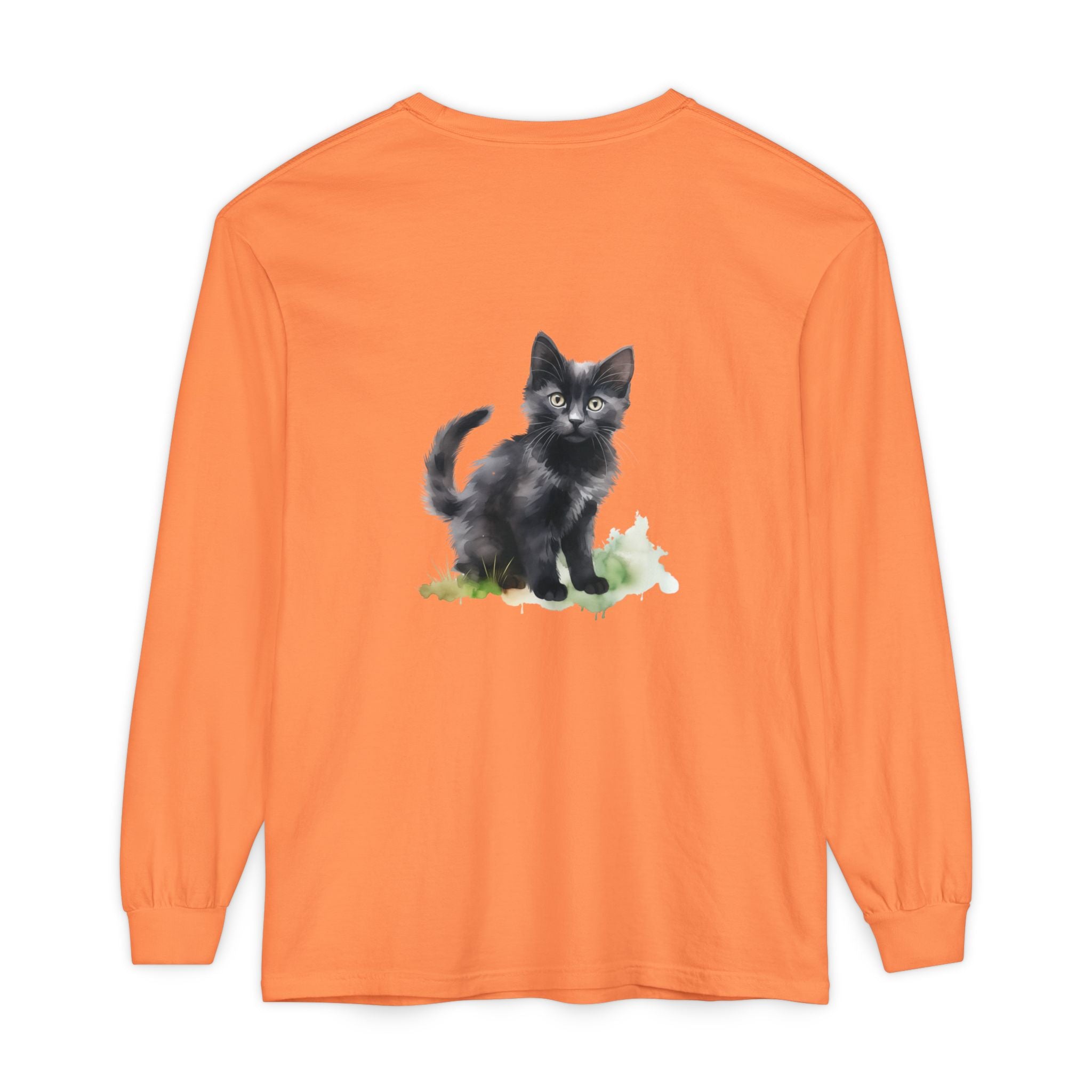 Maglietta a maniche lunghe con gatto nero e acquerello