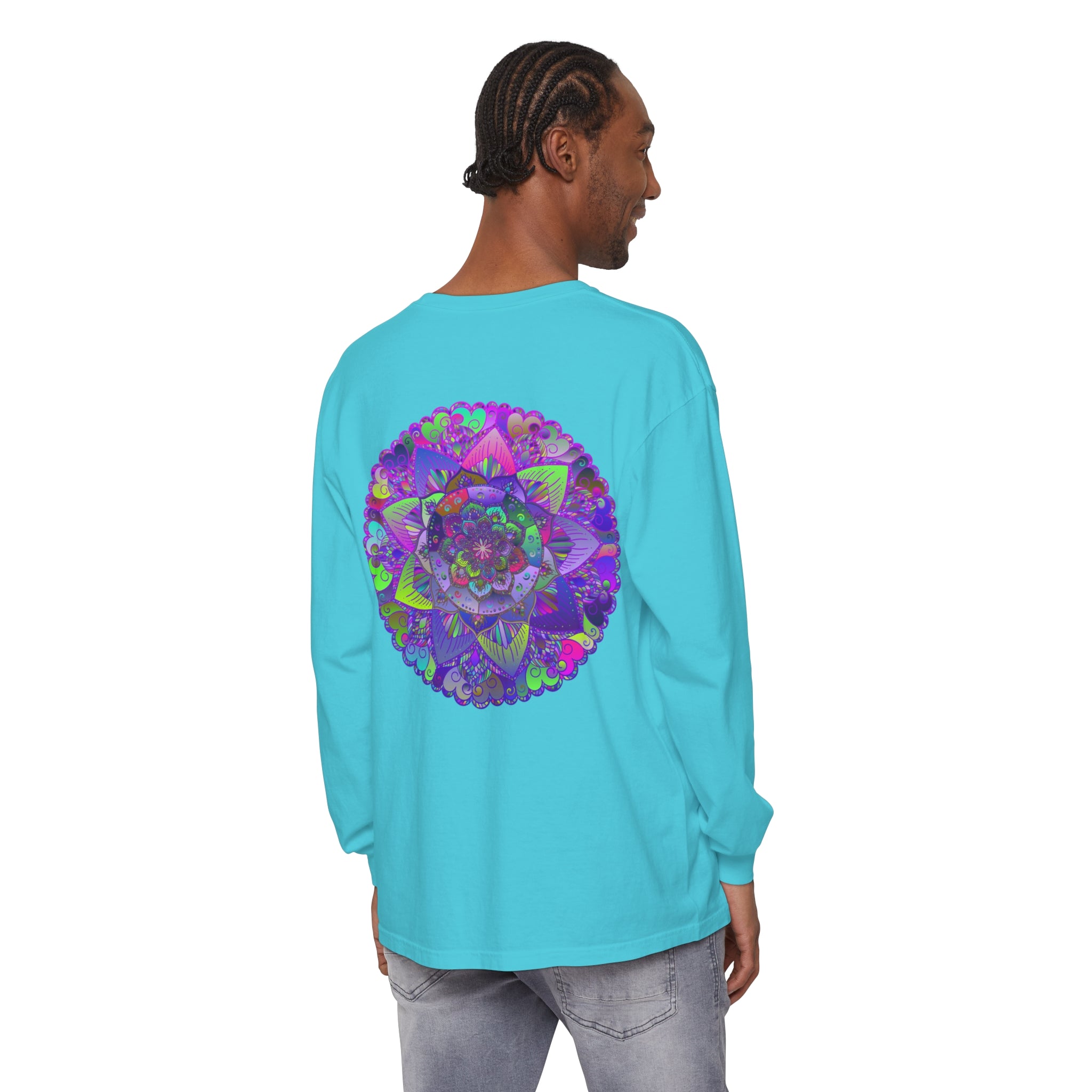 Vibrant and detailed mandala print on long sleeve t-shirt for men and women