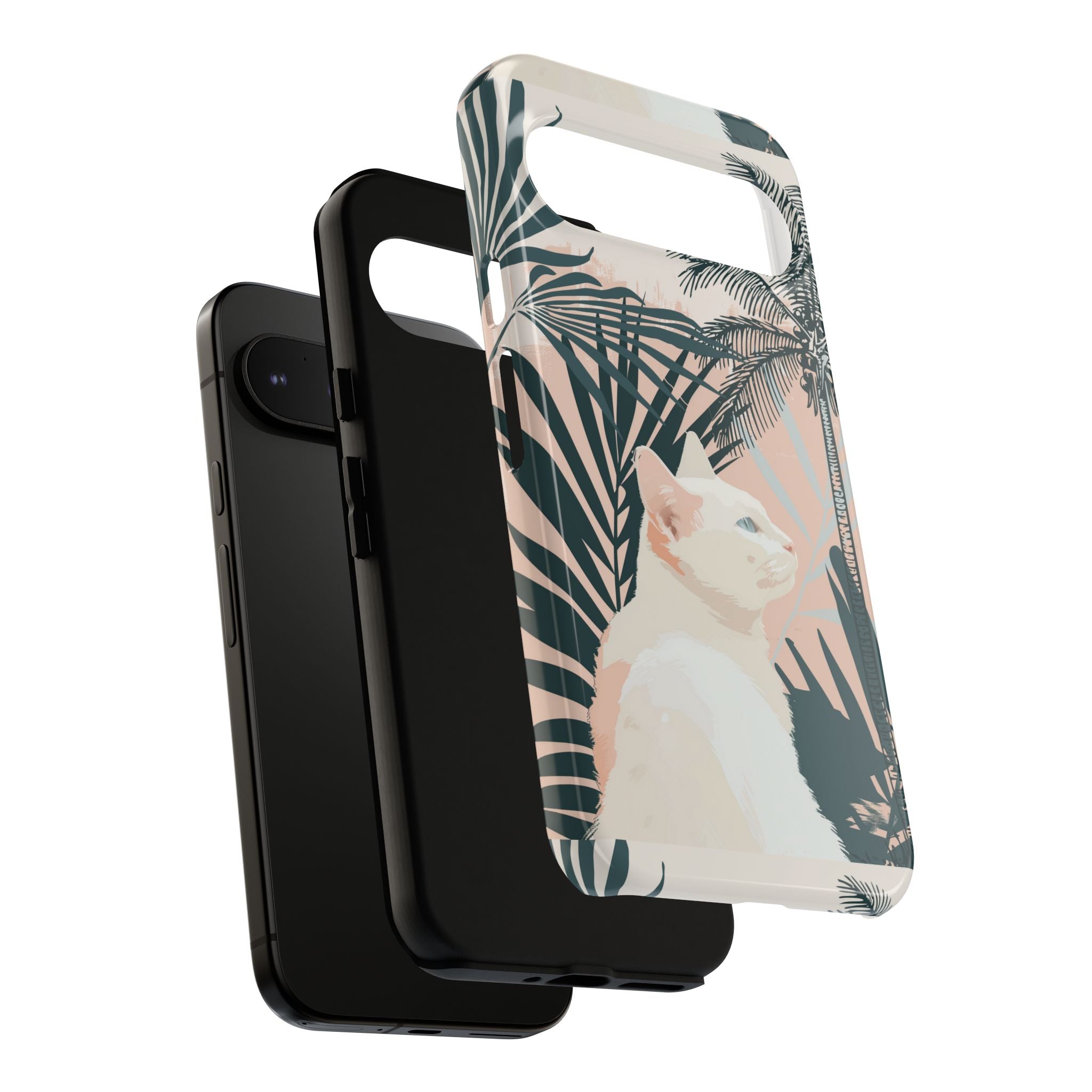 Tropical Cat Phone Case with Lush Palm Motifs and Soft Pastels
