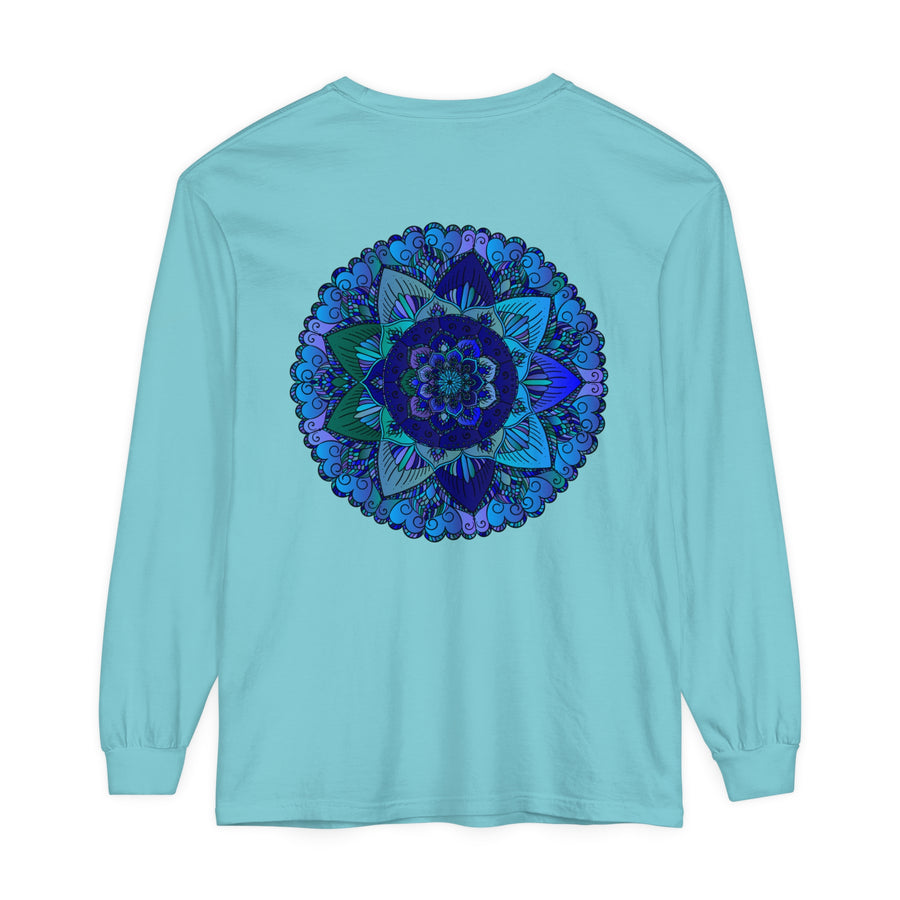 Dark blue and green mandala long sleeve t-shirt with intricate design