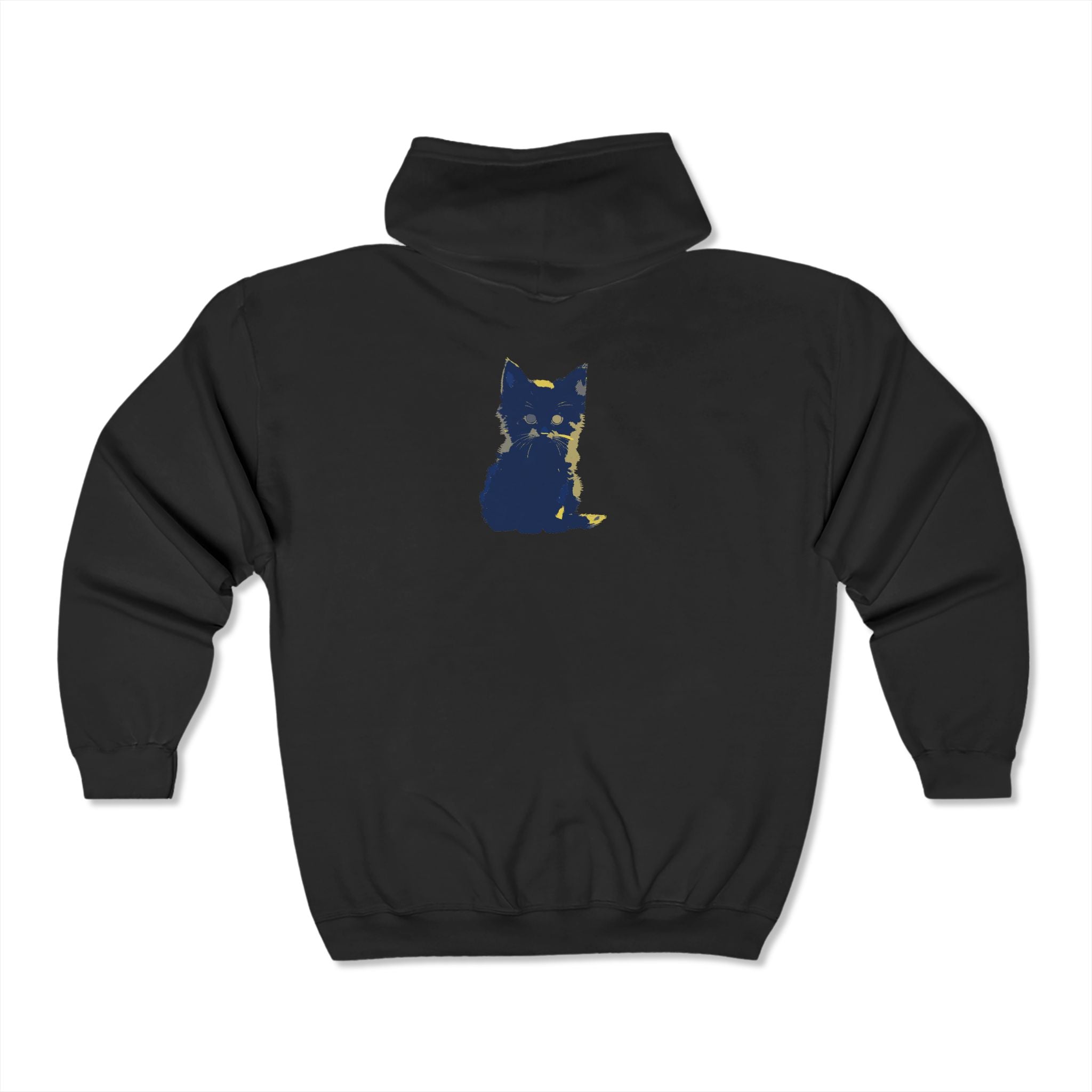 Back view of the Mystical Blue Cat Watercolor Hoodie, showing the full watercolor artwork of the mystical cat