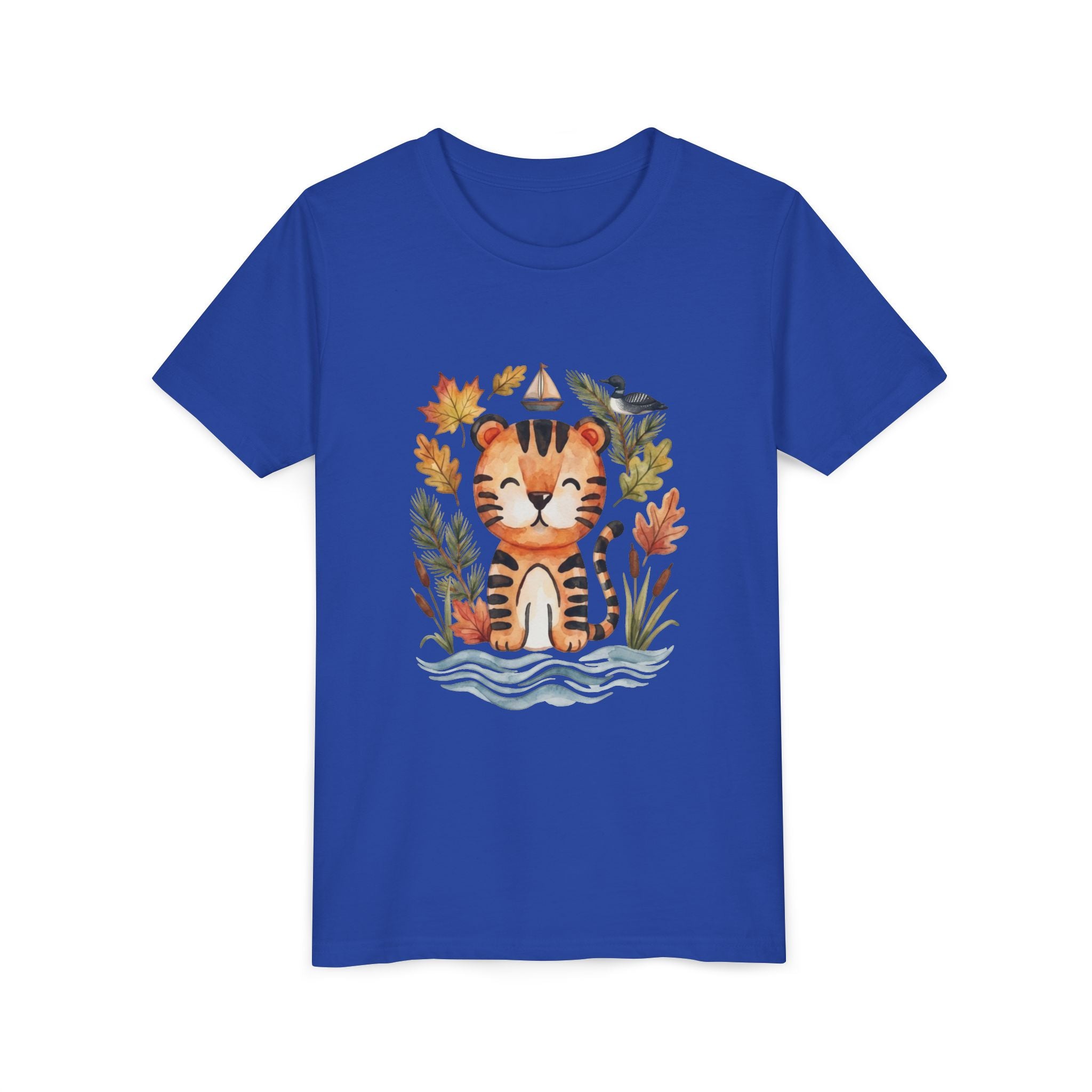 Kids Tiger Lake Ontario Tee — Watercolor Autumn Sailboat & Leaves Youth Short Sleeve Tee