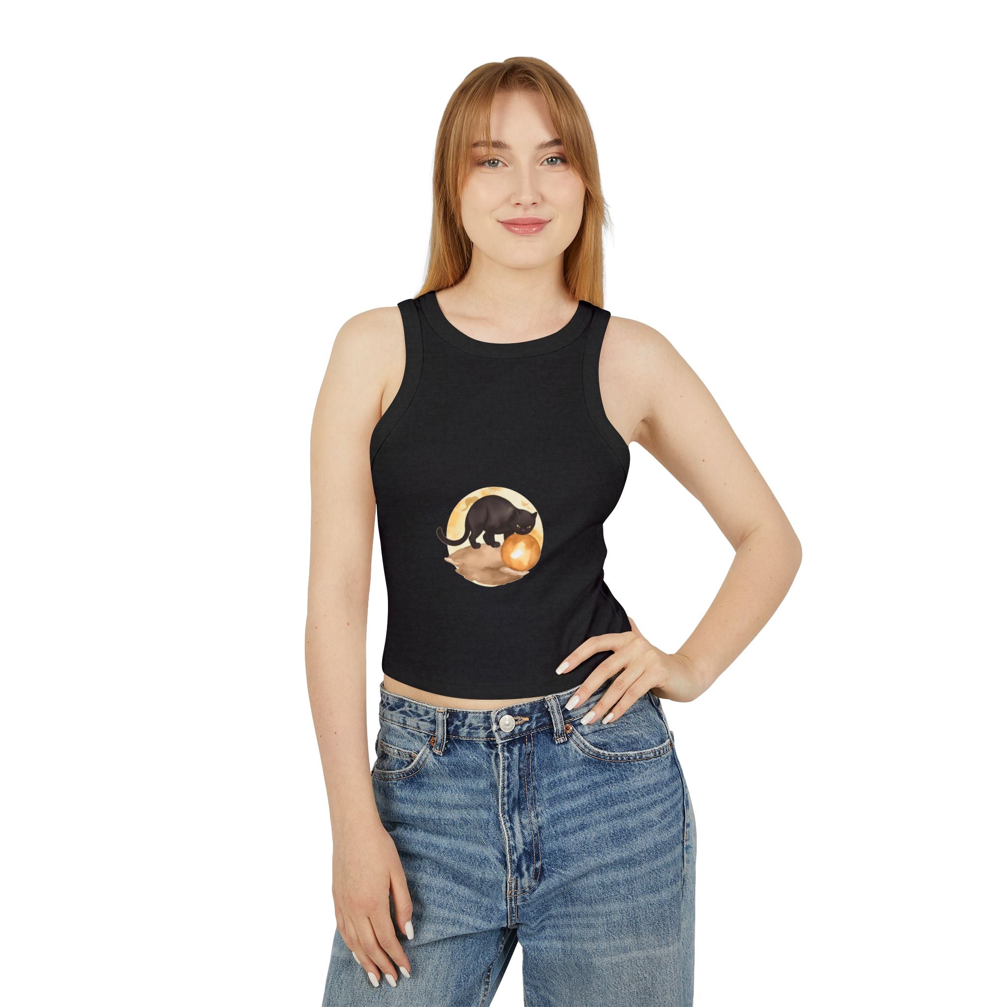 Black Cat Moon Racerback Tank Top with a relaxed fit for easy and effortless wear