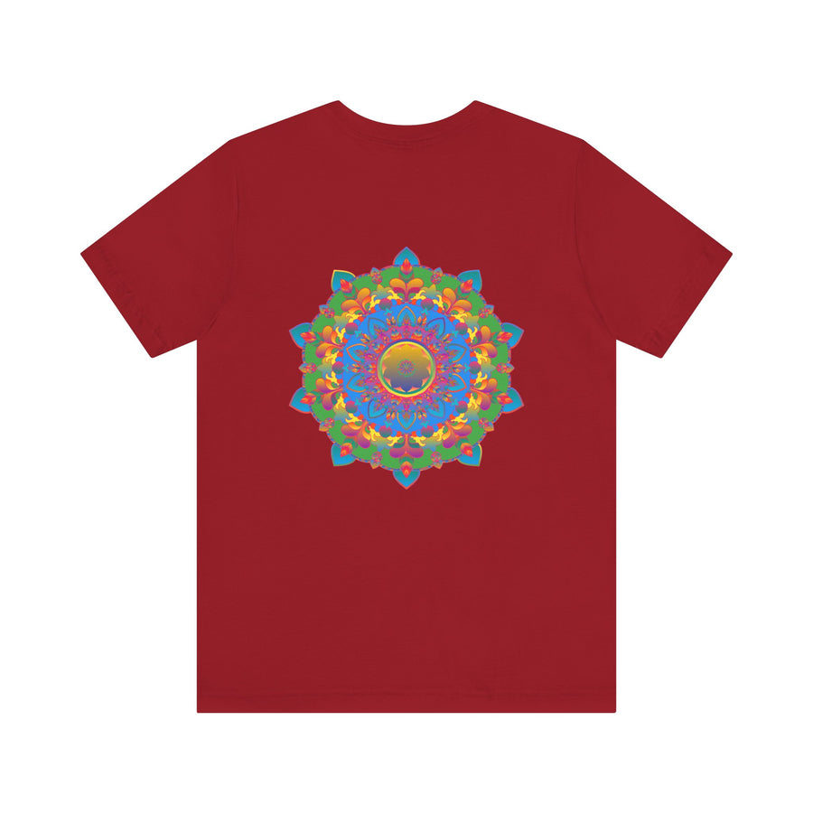 A colorful and intricate mandala design tee promoting spiritual peace and harmony