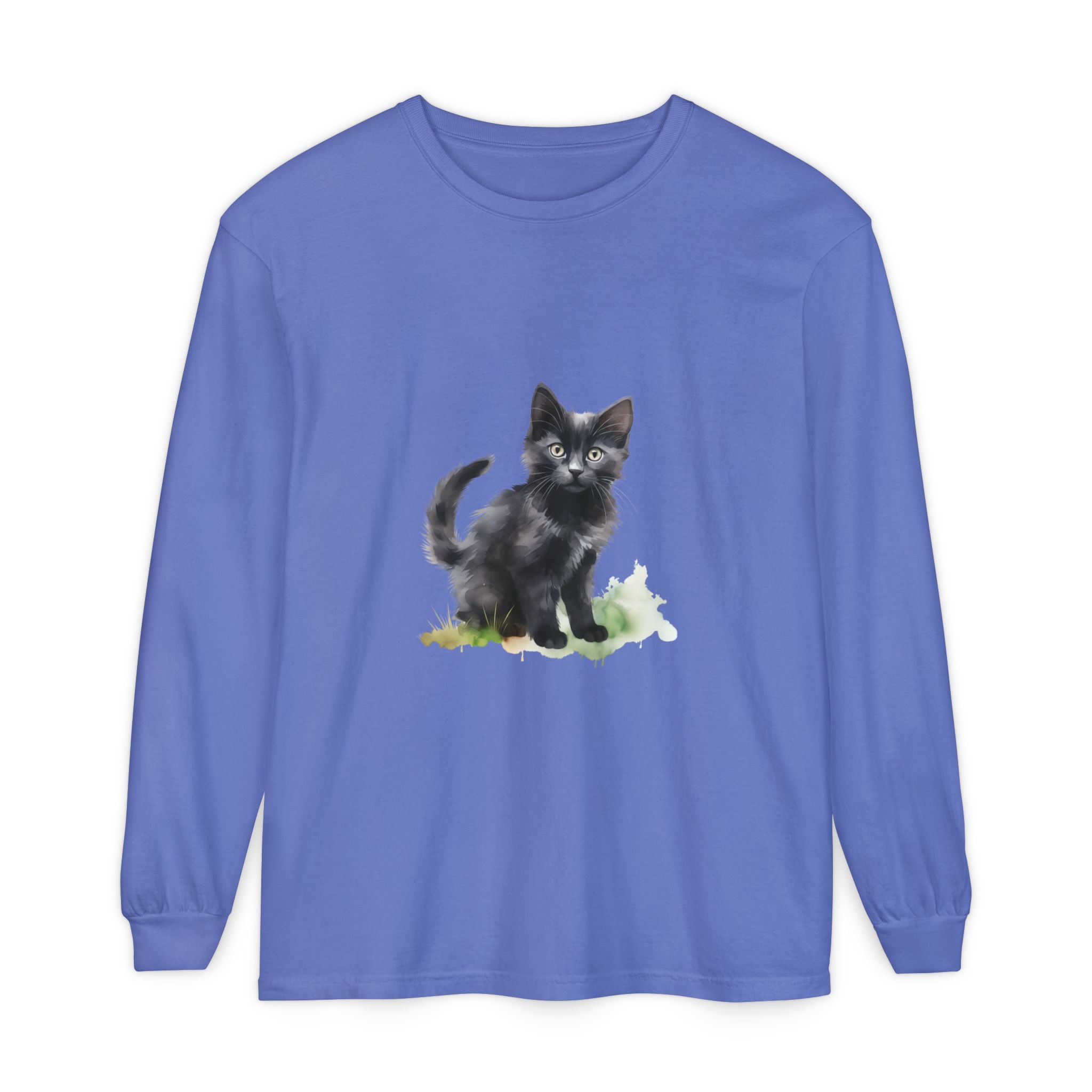 Maglietta a maniche lunghe con gatto nero e acquerello