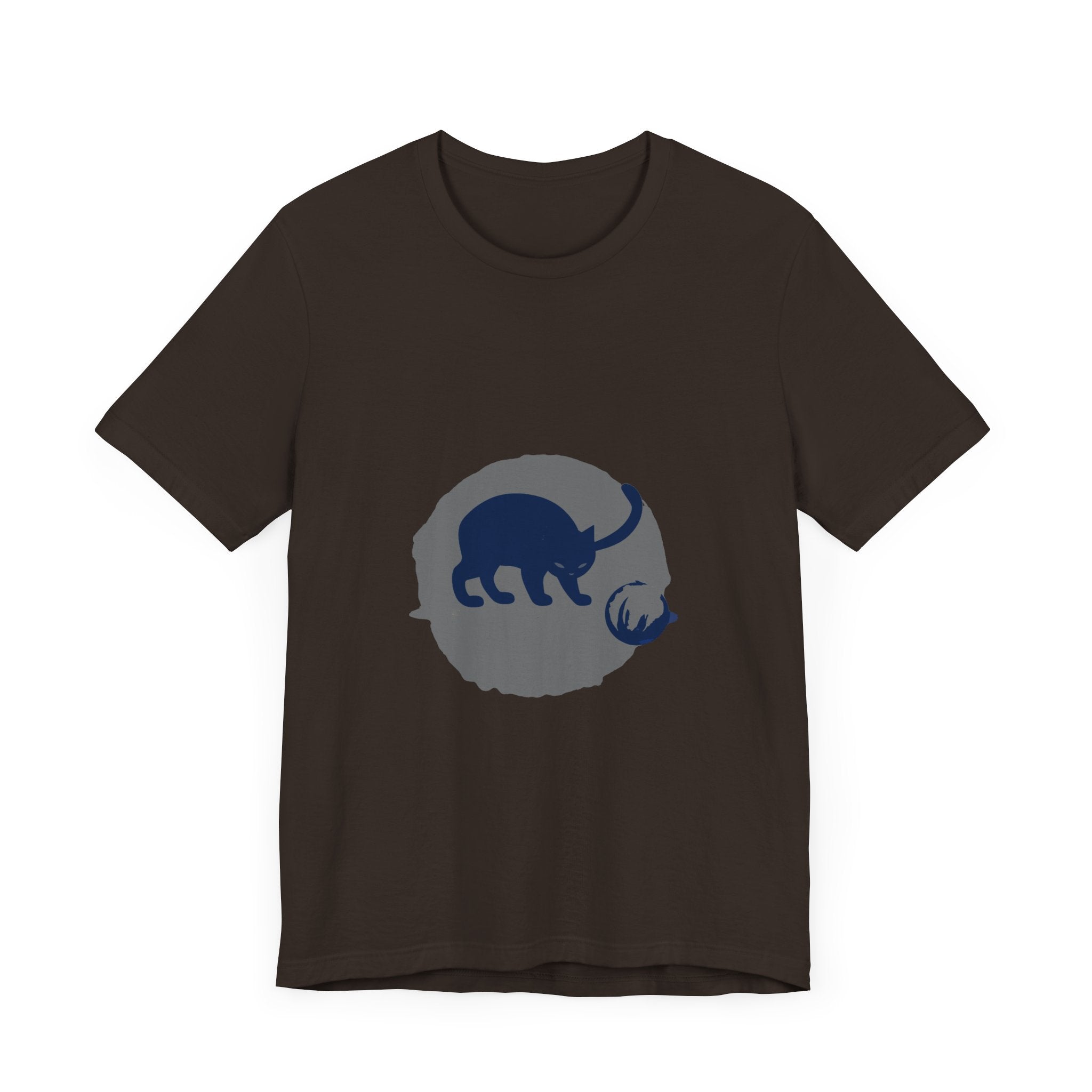 Black Cat Mystery T-Shirt - Playful Silhouette: A black cat with glowing eyes and a mischievous grin, surrounded by swirling shadows, on a comfortable cotton t-shirt
