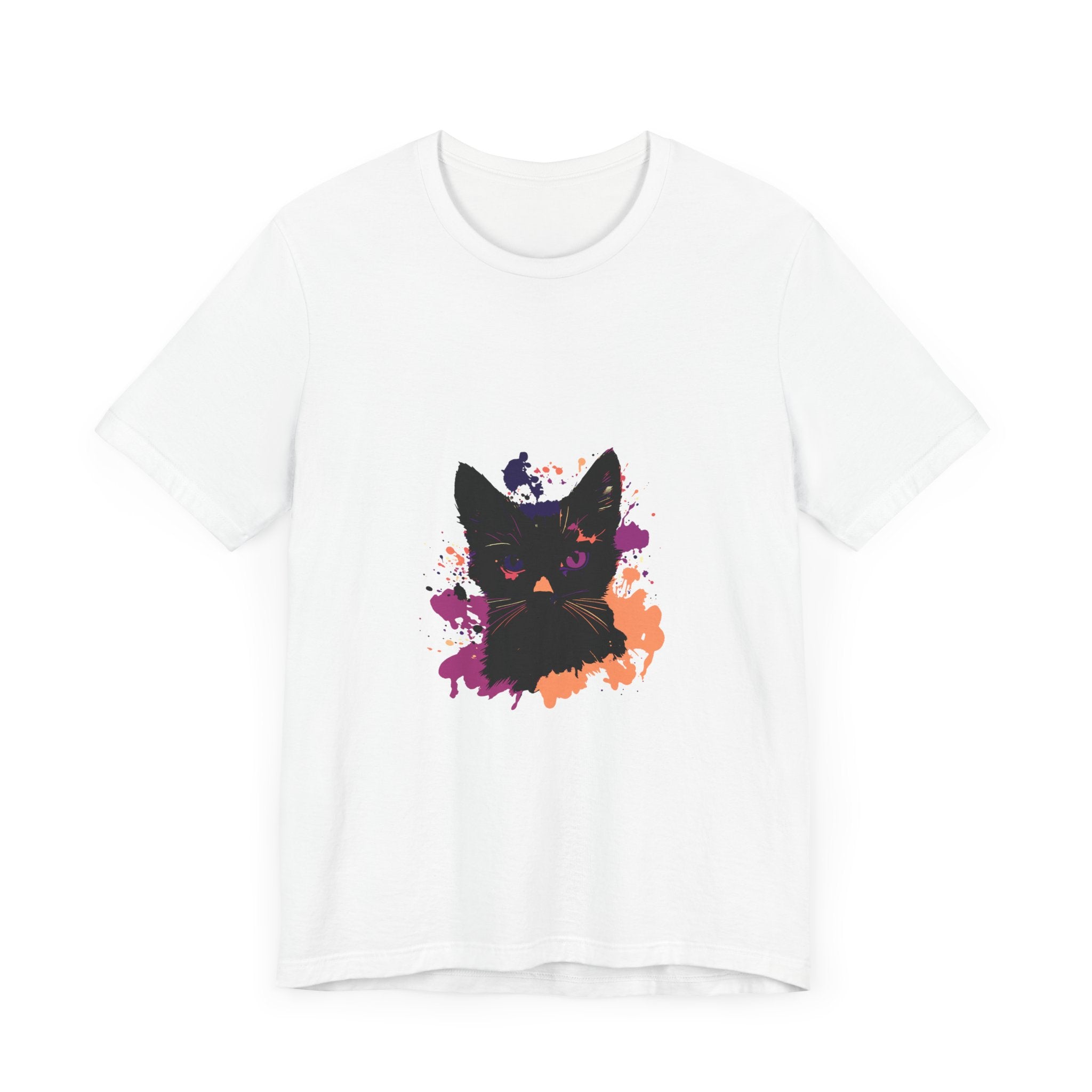 A close-up image of the Black Cat Mystery T-Shirt - Purple Eyes, featuring a black cat with piercing purple eyes against a dark background