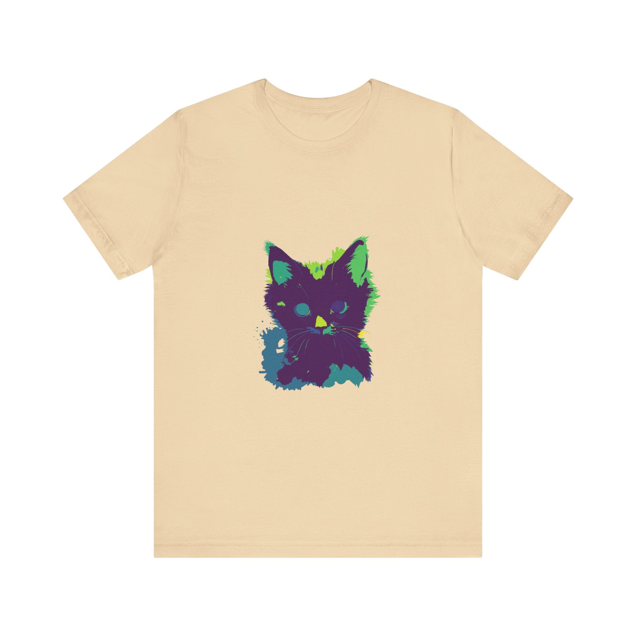 Neon Black Cat Mystery T-Shirt: A vibrant black T-shirt featuring a mysterious neon-colored black cat design