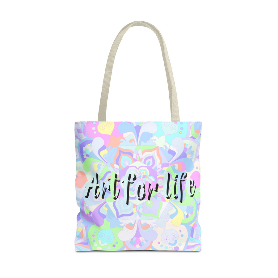 Colorful mandala tote bag with intricate design and inspirational 'Art for Life' quote, perfect for carrying your essentials in style