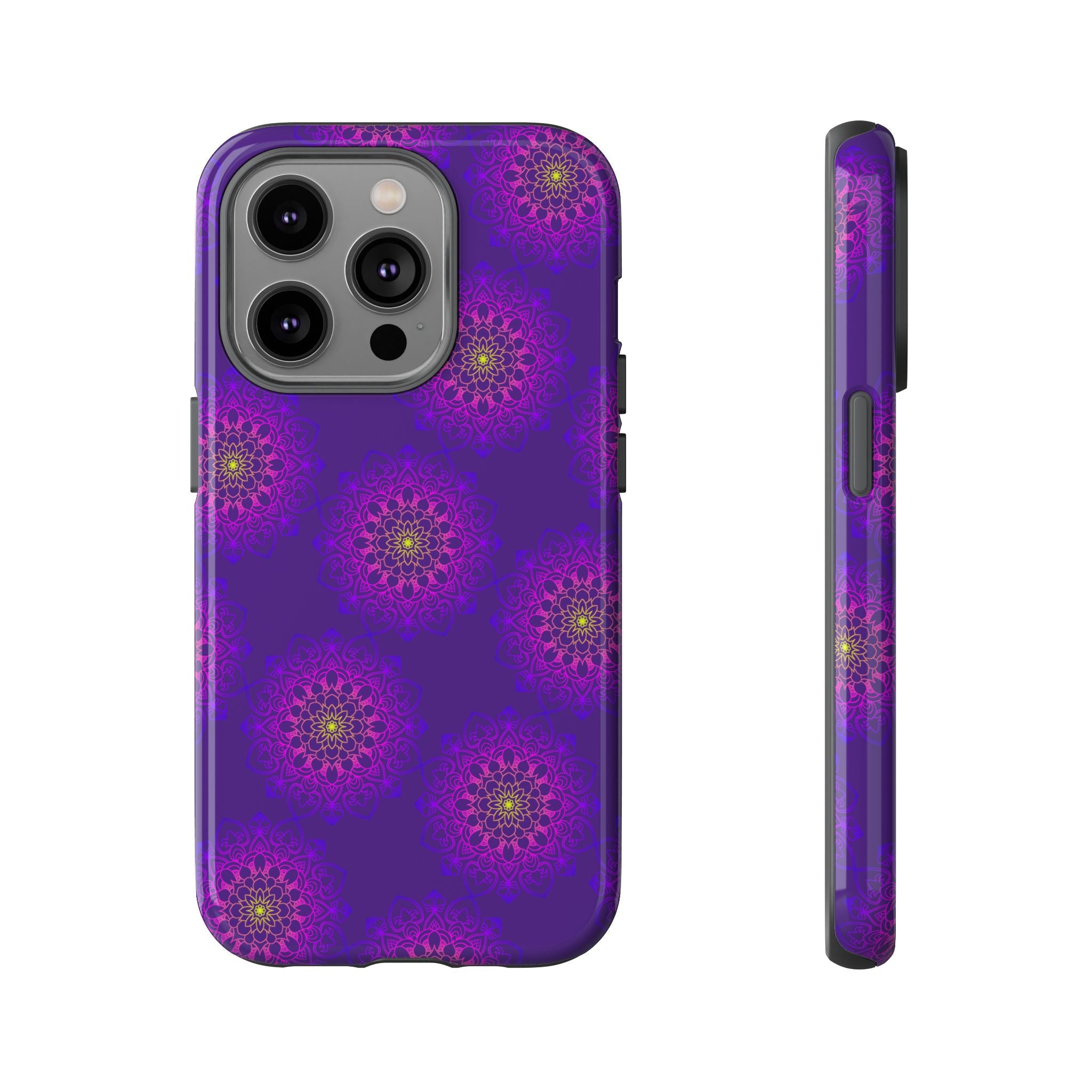 Intricate Purple Floral iPhone Case with Bold Mandala Design