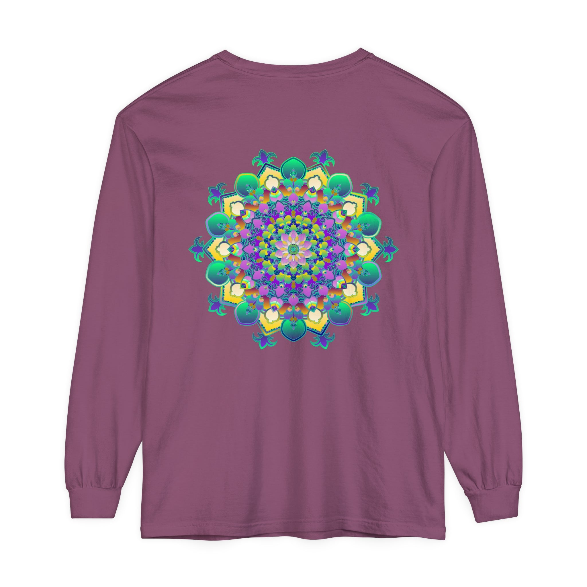 Intricate Mandala Long Sleeve T-Shirt with detailed hand-drawn design in vibrant colors