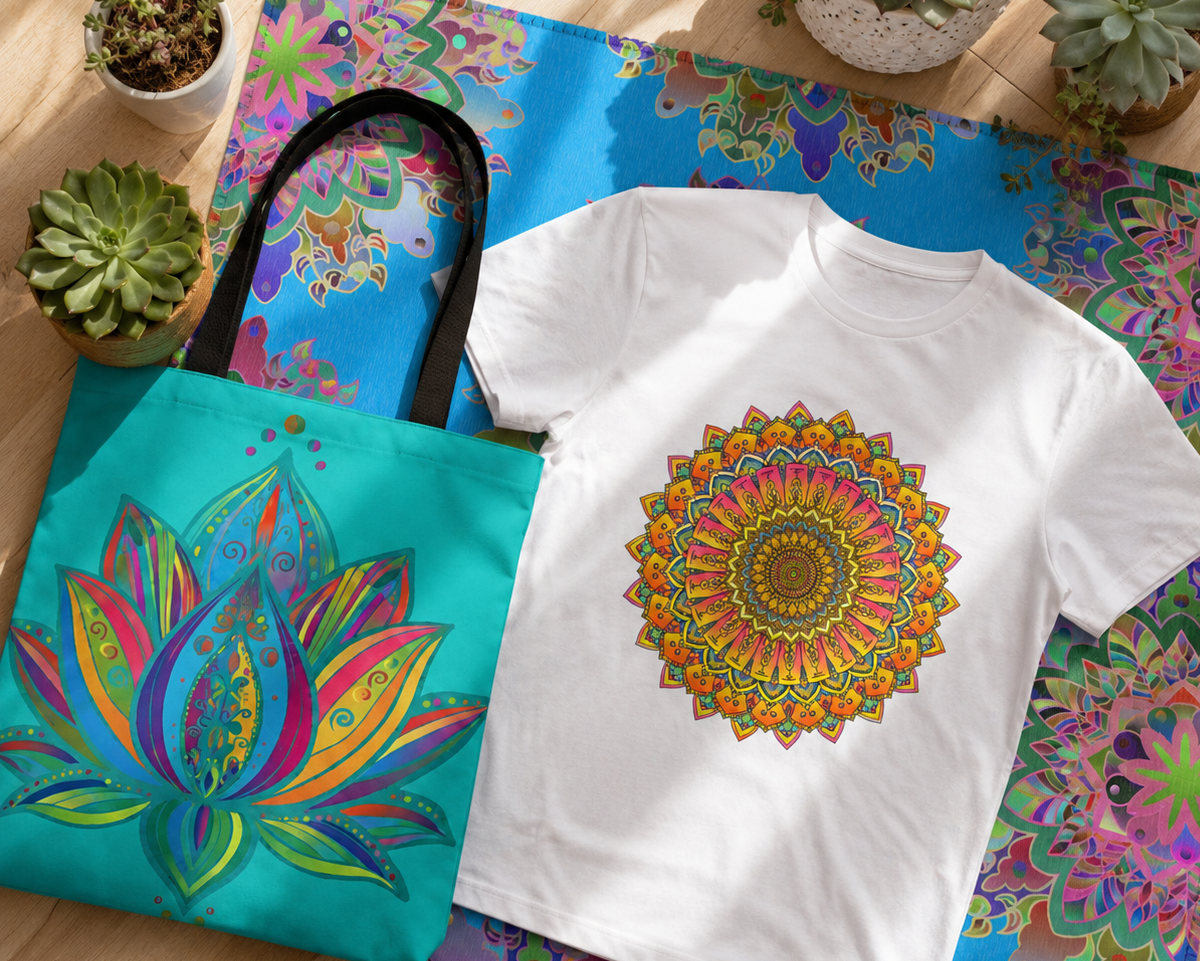 A styled flat-lay featuring a white short-sleeve T-shirt with a colorful mandala print and a turquoise tote bag with a large lotus flower design, both placed on a bright patterned area rug with small potted succulents around them.