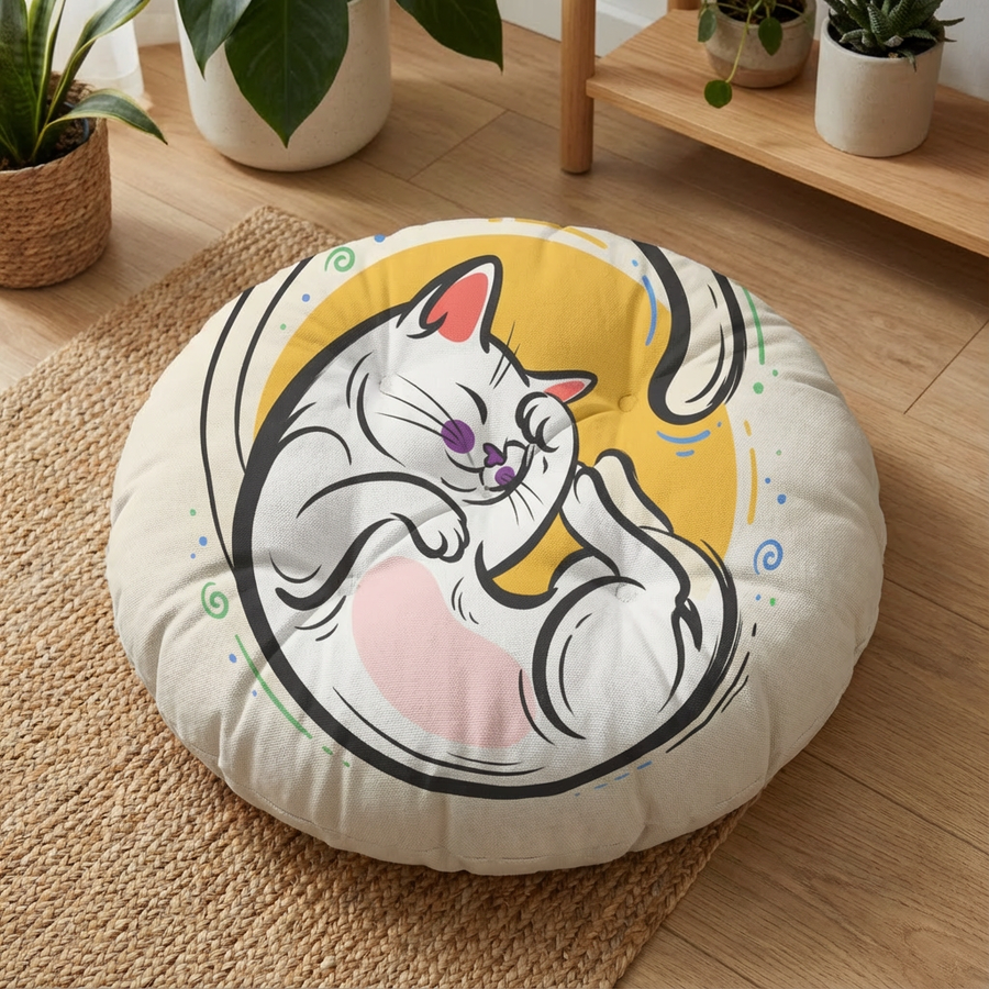 Pinkish red round floor pillow with crescent cat line art in a cozy living room lifestyle setting; vibrant colors and soft textures, 26 or 30 inch size, lifestyle product photo.