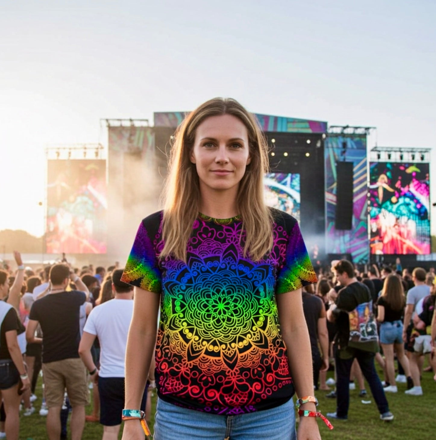Maglietta Festival Rainbow Mandala – Maglietta nera a maniche corte