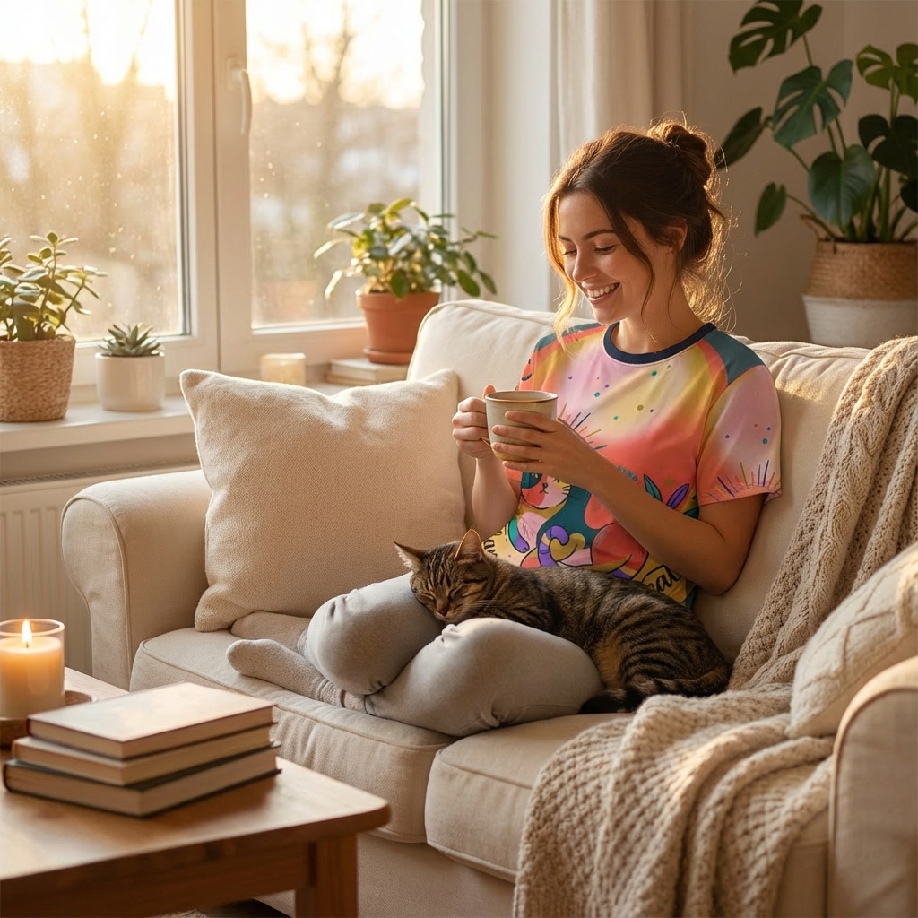 T-Shirt „Katze Sonne & Schatten“ – „Nickerchen, Snack, Wiederholung“