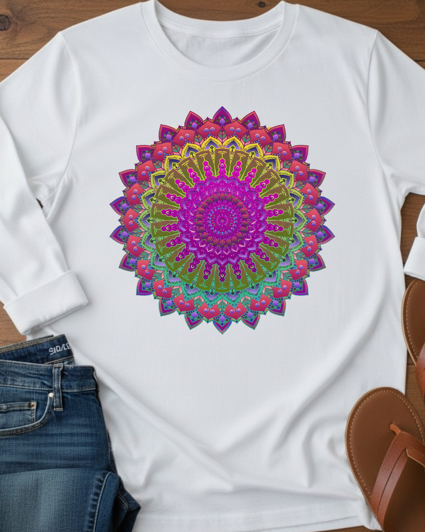 T-shirt a maniche lunghe con intricato mandala in vivaci tonalità gioiello