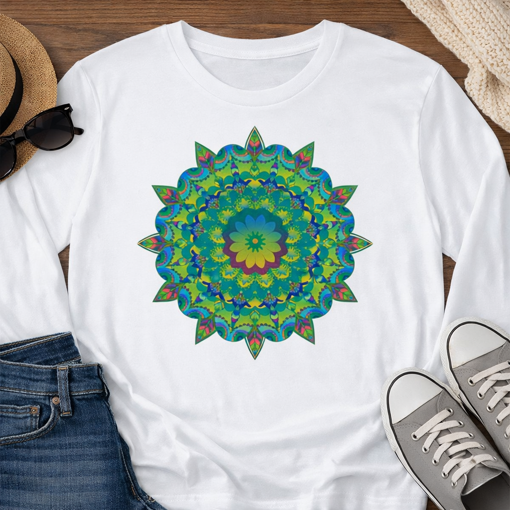 Maglietta a maniche lunghe con motivo mandala vibrante, colori vivaci e comfort accogliente