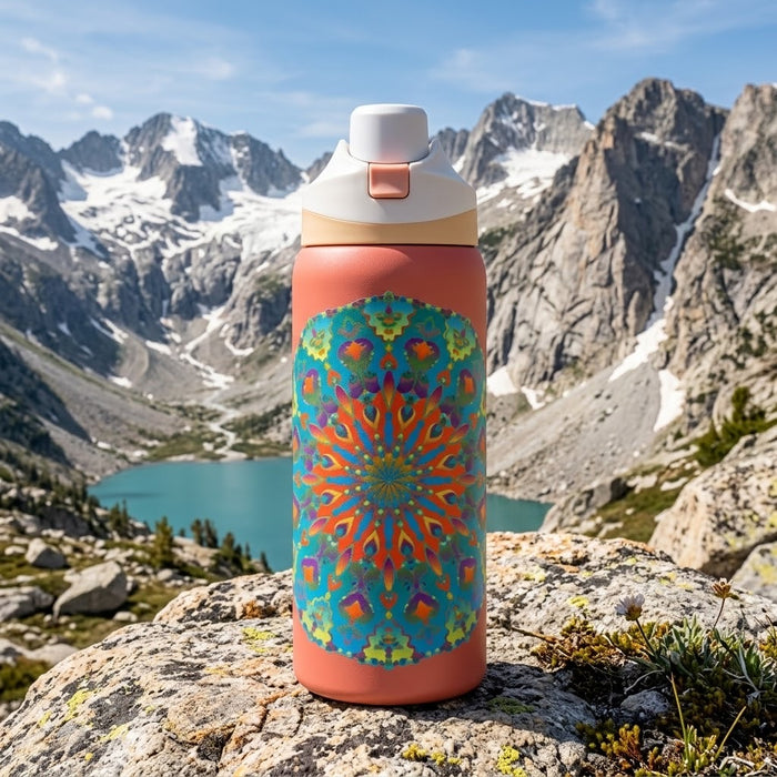 Isolierte 950-ml-Trinkflasche – Buntes Kaleidoskop-Mandala-Design
