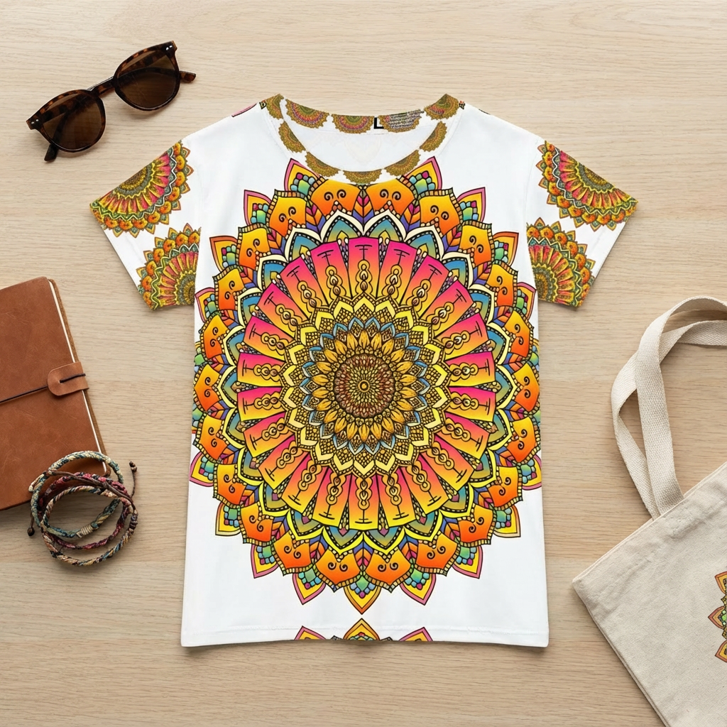 Lifestyle flatlay of a rainbow mandala t-shirt on a clean surface, close-up of the vibrant print and visible reinforced hem, showing fabric texture and collar print details.