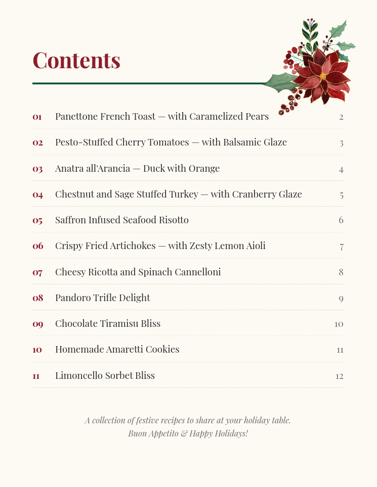 Menu with festive recipes and a decorative flower on a white background