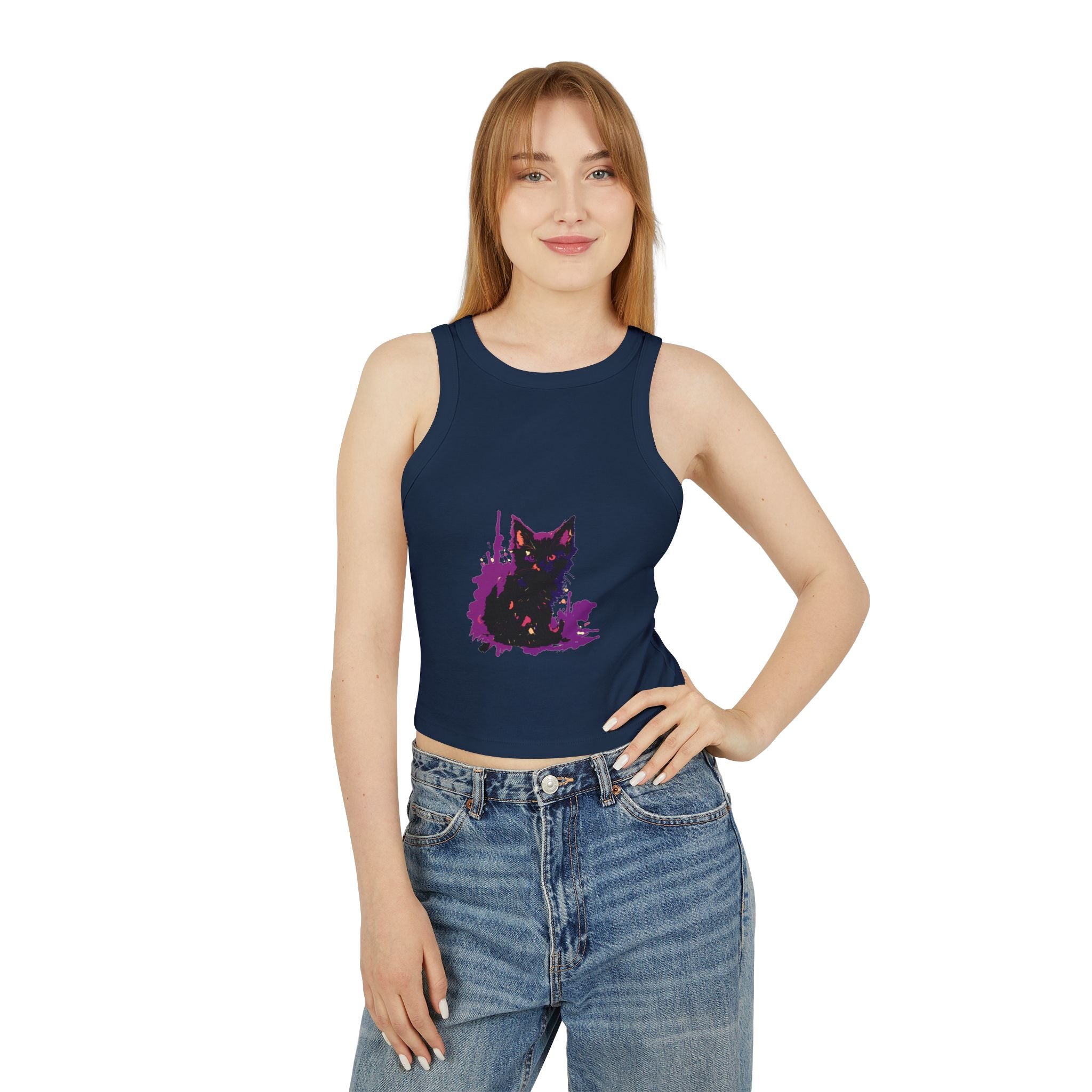 Black Cat Watercolor Racerback Tank Top - Purple Splatter Tank Top - Blululi