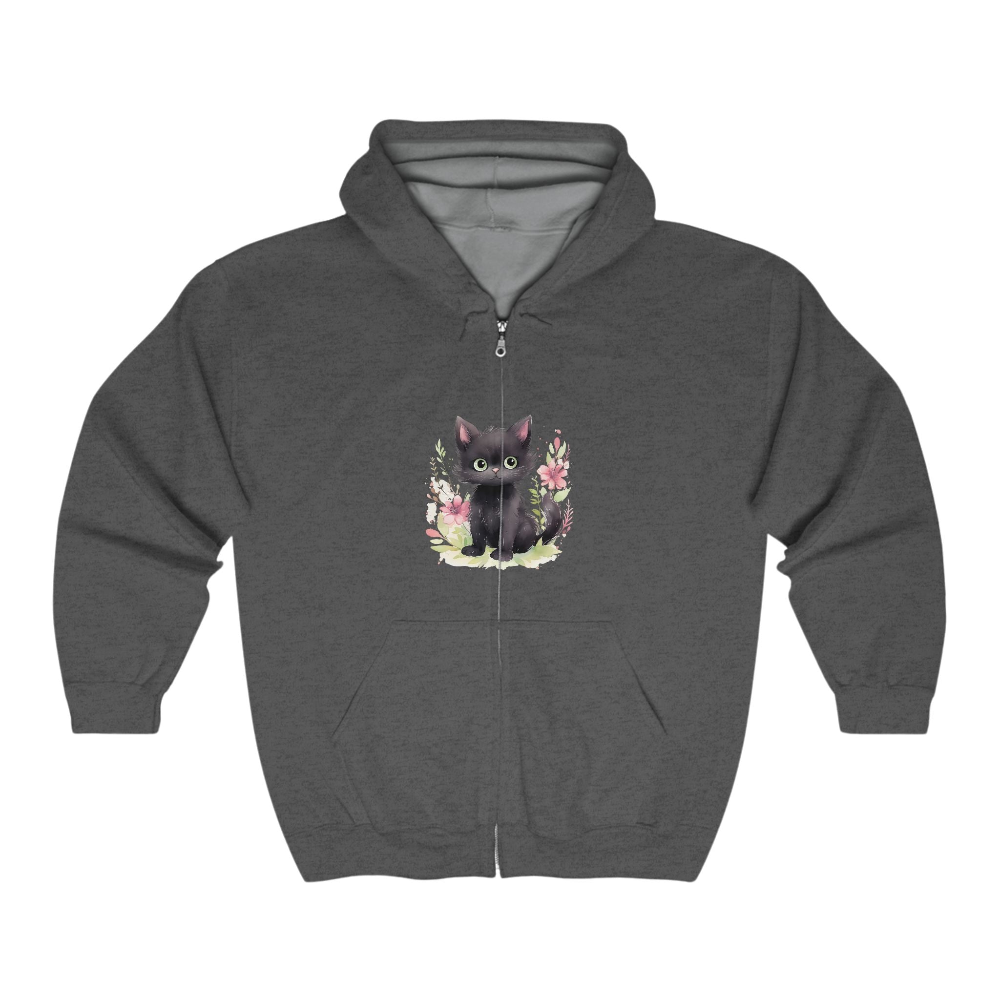Black Kitten & Flowers Hoodie - Soft & Cozy Hoodie - Blululi