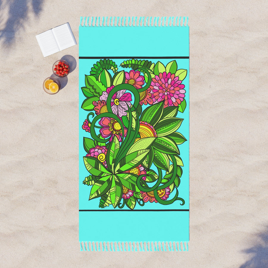 Boho Beach Cloth decorated with Flower Doodle Art - Original Fine Art Hand - Drawn - Blululi