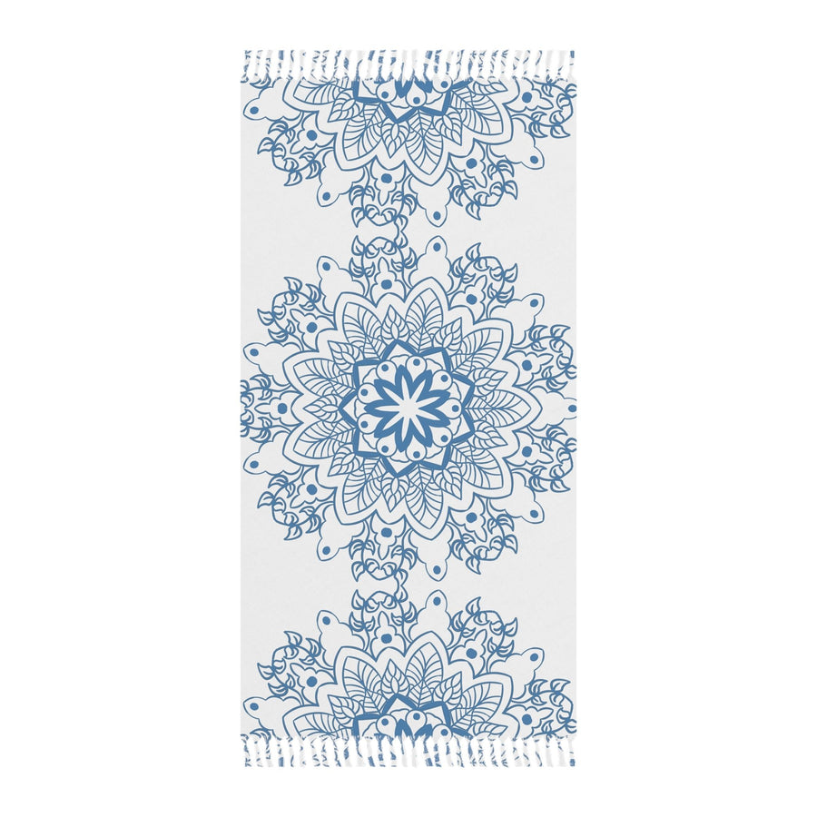 Boho Beach Cloth decorated with Mandala Art - Steel Blue - Original Fine Art Hand - Drawn - White - Blululi
