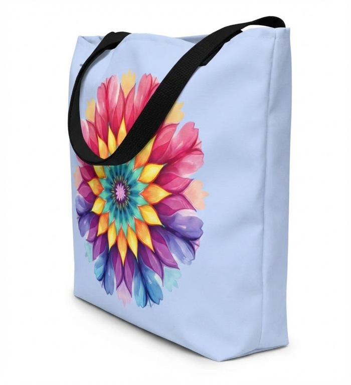 Florale Mandala-Tragetasche in sanftem Blau und leuchtenden Farben