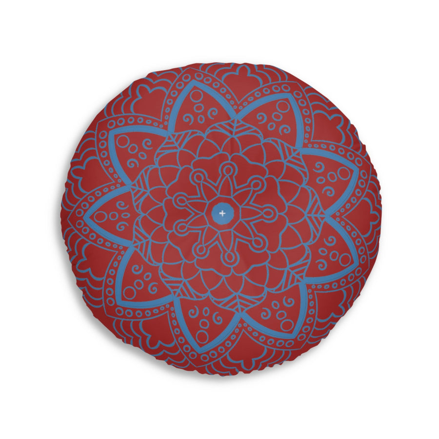 Floor Cushion Handmade Mandala Art - Steel Blue on Brown background - Drawn by Hand - Tufted Floor Pillow, Round - Blululi