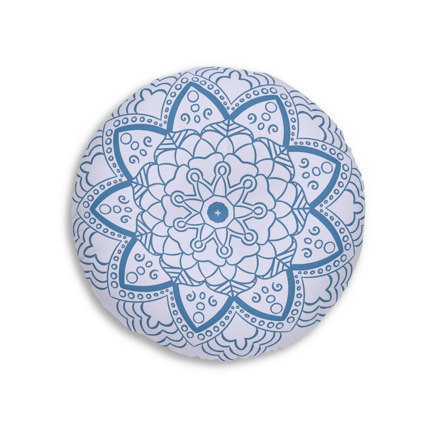 Floor Cushion Handmade Mandala Art - Steel Blue on Levander - Drawn by Hand - Tufted Floor Pillow, Round - Blululi
