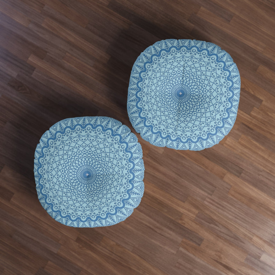 Floor Cushion Handmade Mandala Art - Steel Blue on Light Blue background - Drawn by Hand - Tufted Floor Pillow, Round - Blululi