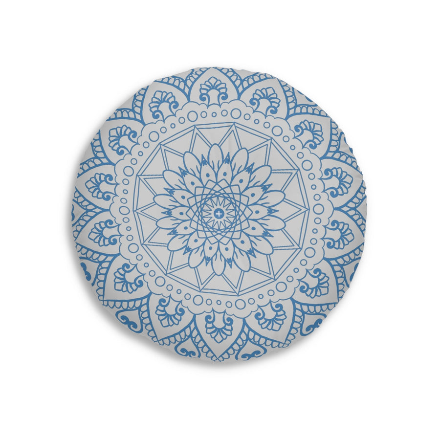 Floor Cushion Handmade Mandala Art - Steel Blue on Light Grey background - Drawn by Hand - Tufted Floor Pillow, Round - Blululi