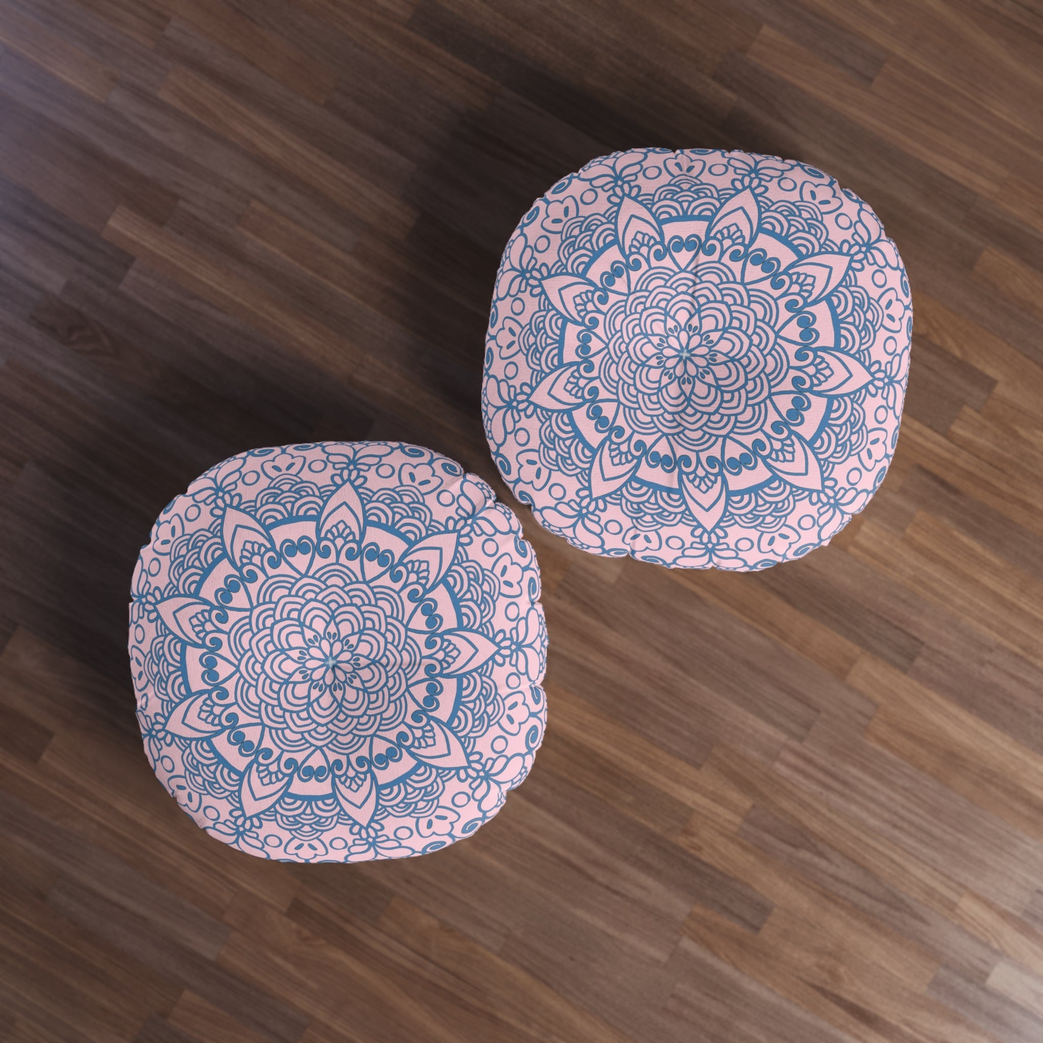 Floor Cushion Handmade Mandala Art - Steel Blue on Pastel Pink - Drawn by Hand - Tufted Floor Pillow, Round - Blululi