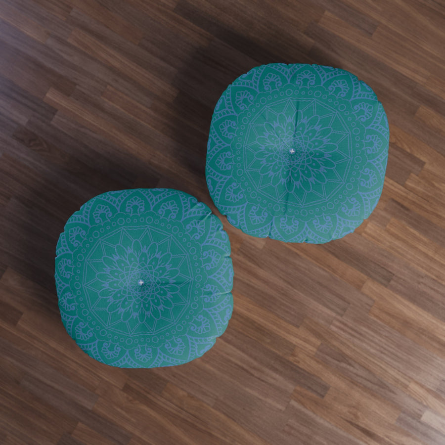 Floor Cushion Handmade Mandala Art - Steel Blue on Teal background - Drawn by Hand - Tufted Floor Pillow, Round - Blululi