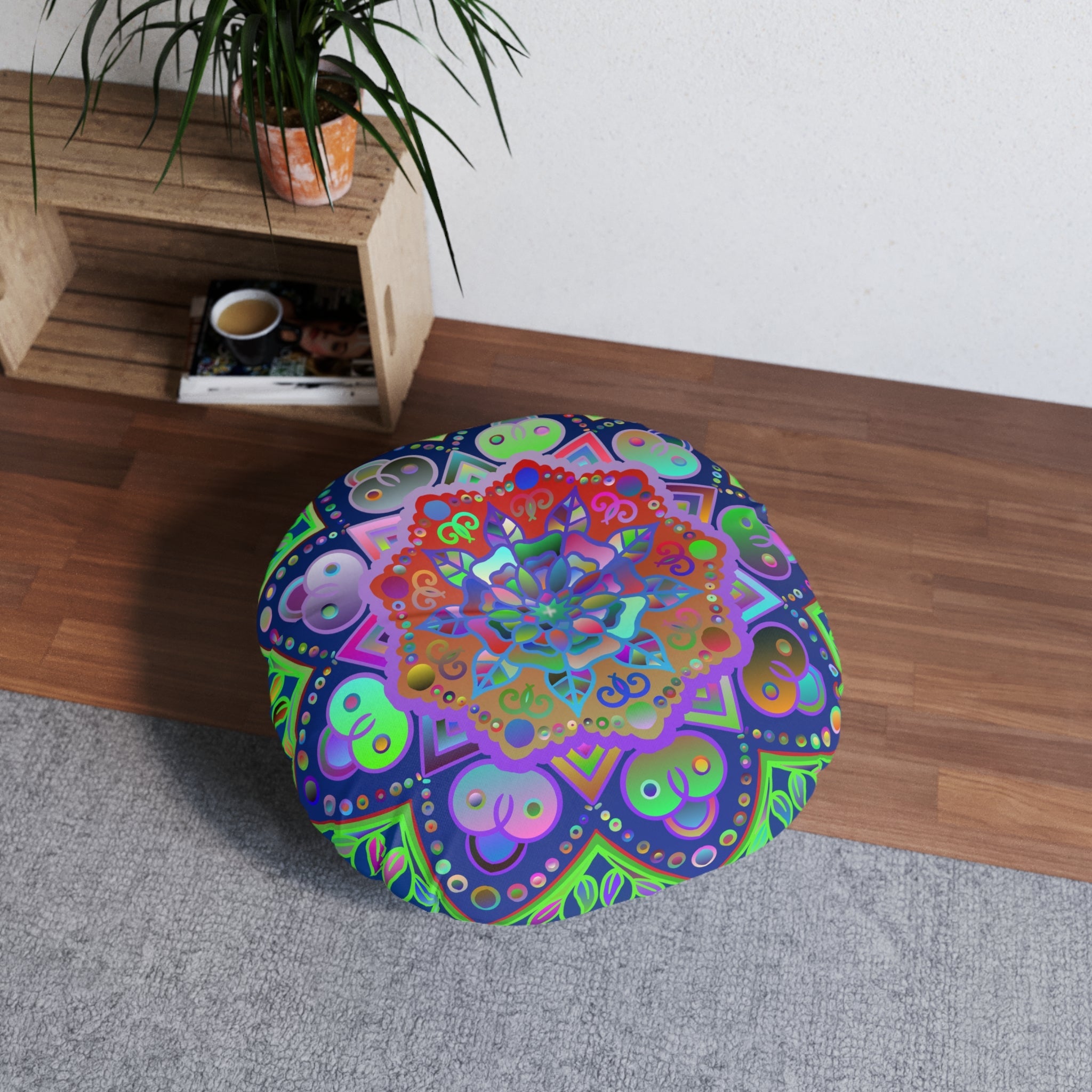 Floor Cushion Mandala Art Hand Drawn - Beautiful colorful Mandala on Dark Blue background - Tufted Floor Pillow, Round - Blululi