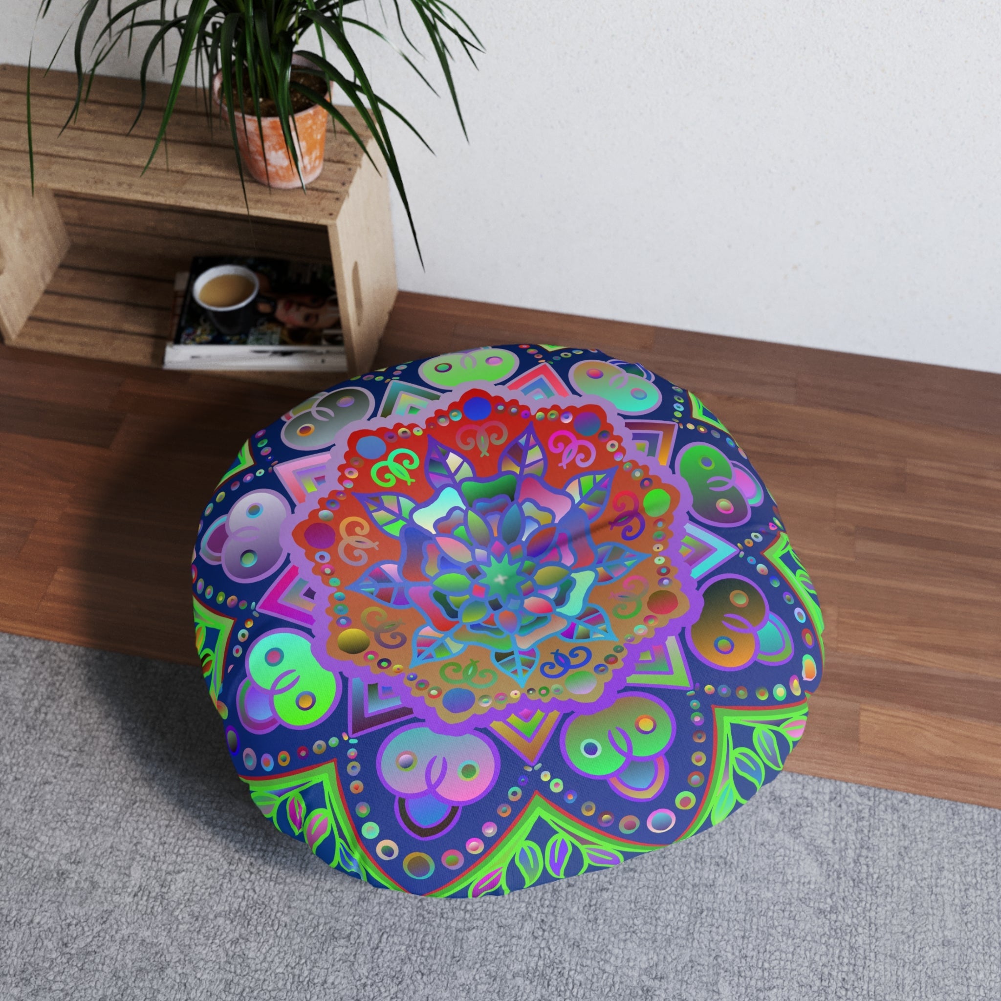 Floor Cushion Mandala Art Hand Drawn - Beautiful colorful Mandala on Dark Blue background - Tufted Floor Pillow, Round - Blululi