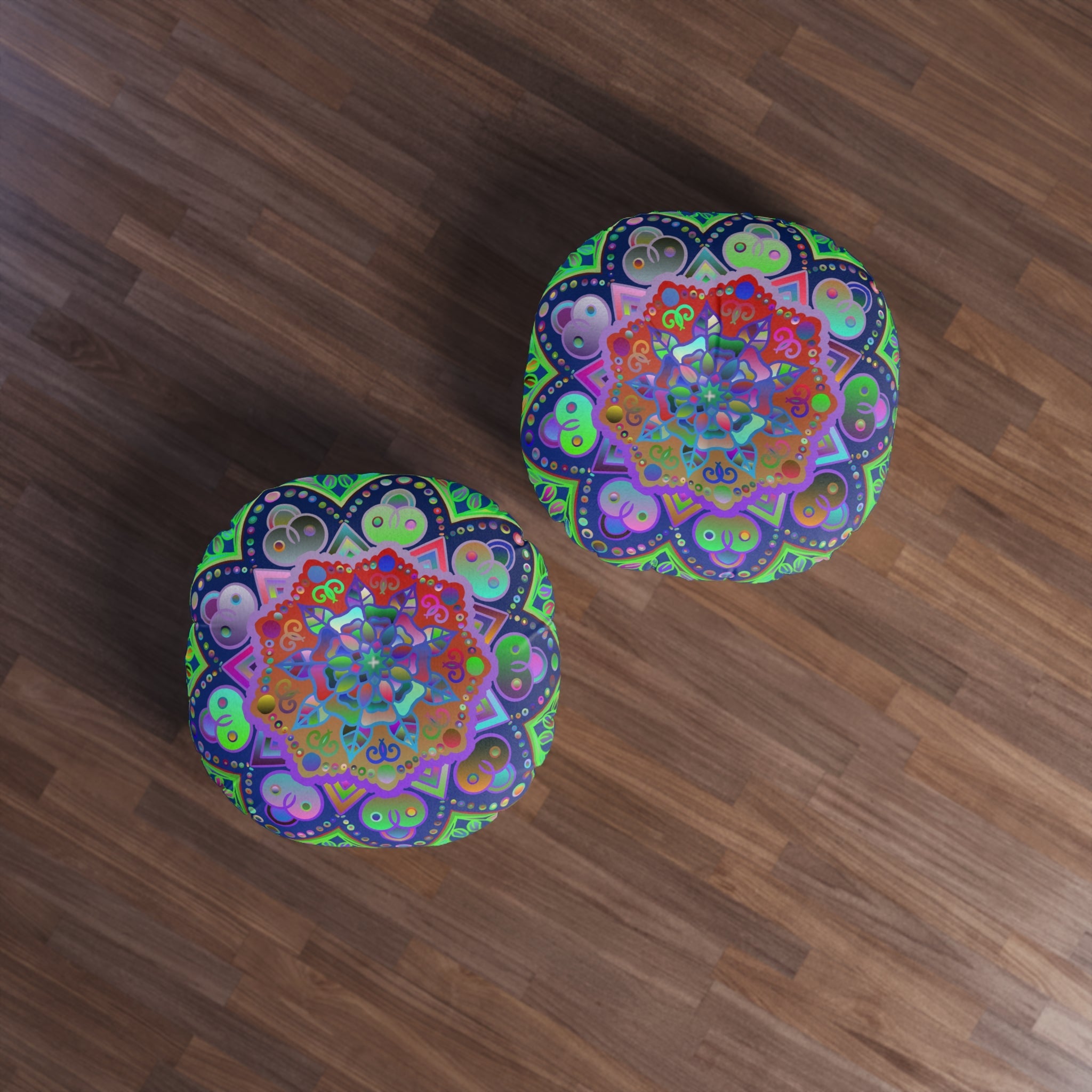 Floor Cushion Mandala Art Hand Drawn - Beautiful colorful Mandala on Dark Blue background - Tufted Floor Pillow, Round - Blululi