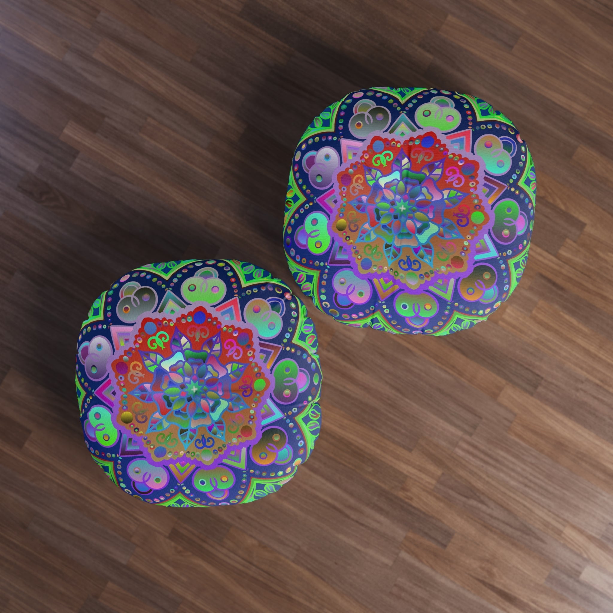Floor Cushion Mandala Art Hand Drawn - Beautiful colorful Mandala on Dark Blue background - Tufted Floor Pillow, Round - Blululi