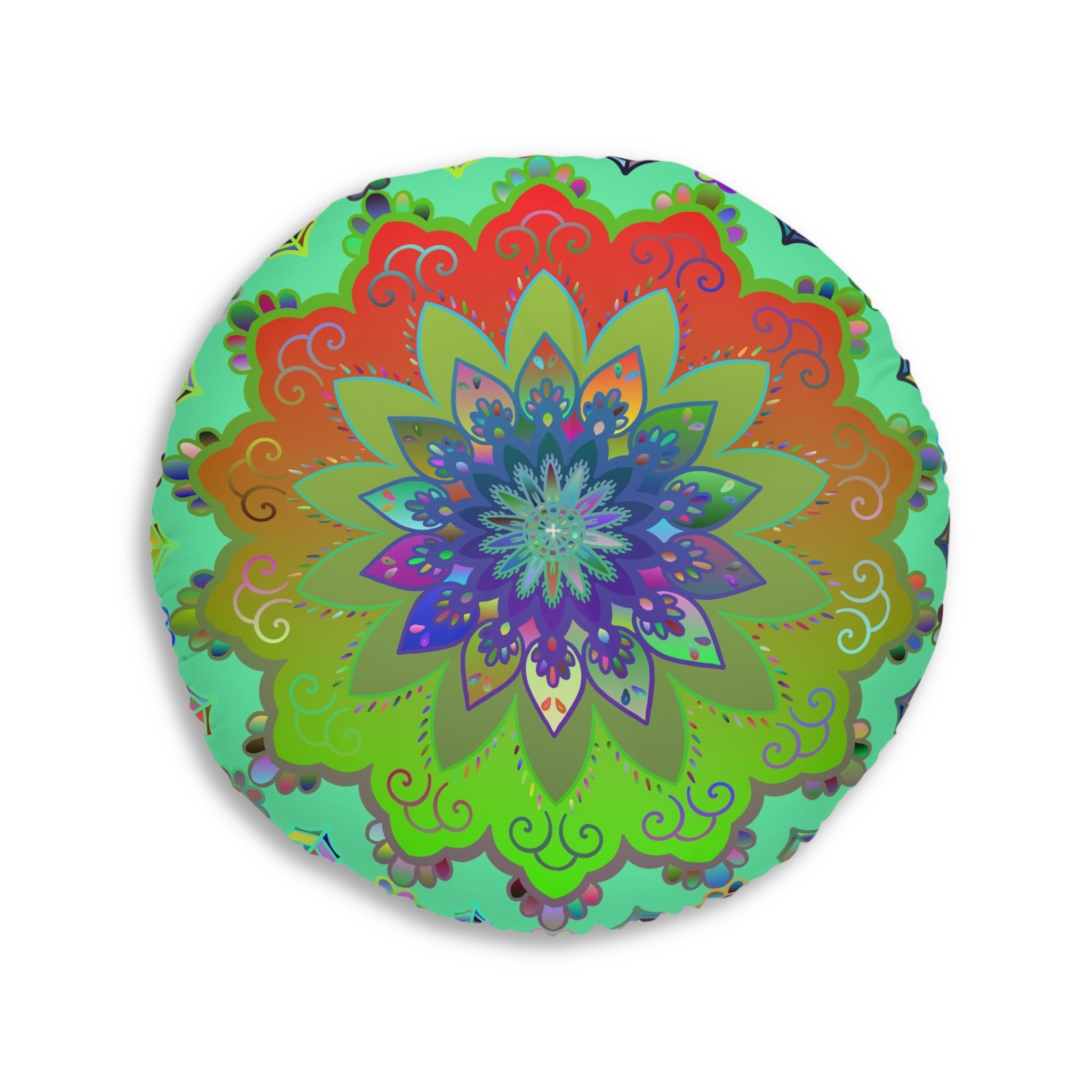 Floor Cushion Mandala Art Hand Drawn - Beautiful colorful Mandala on Fluo Turquoise background - Drawn by Hand - Tufted Floor Pillow, Round - Blululi