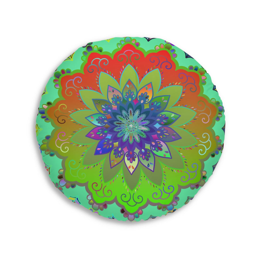 Floor Cushion Mandala Art Hand Drawn - Beautiful colorful Mandala on Fluo Turquoise background - Drawn by Hand - Tufted Floor Pillow, Round - Blululi