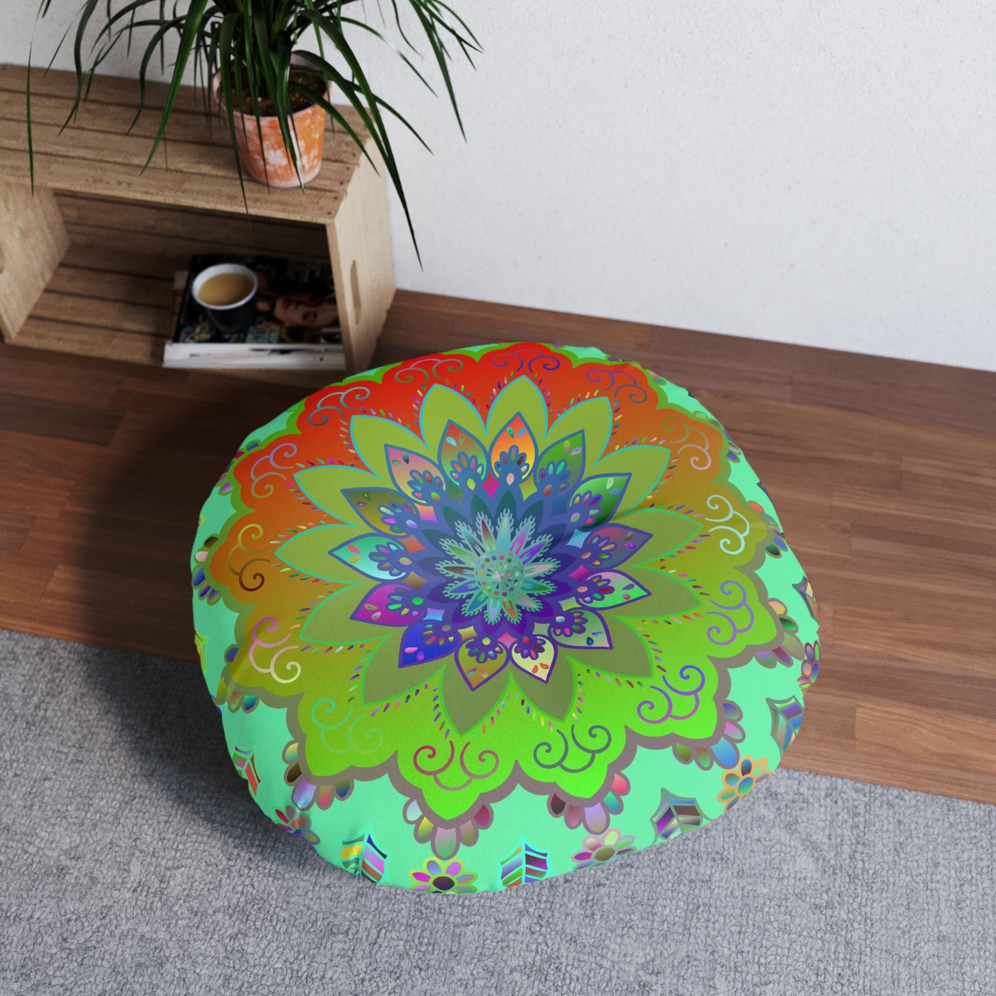 Floor Cushion Mandala Art Hand Drawn - Beautiful colorful Mandala on Fluo Turquoise background - Drawn by Hand - Tufted Floor Pillow, Round - Blululi