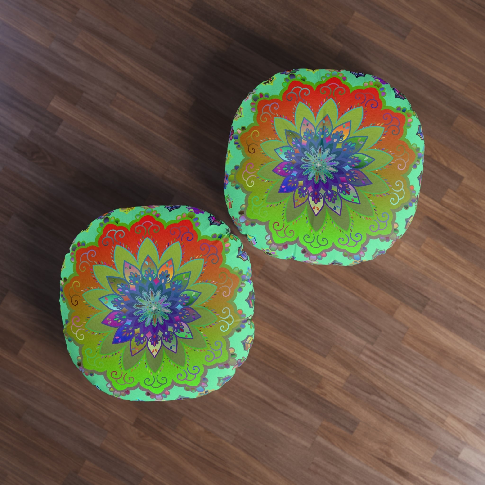 Floor Cushion Mandala Art Hand Drawn - Beautiful colorful Mandala on Fluo Turquoise background - Drawn by Hand - Tufted Floor Pillow, Round - Blululi