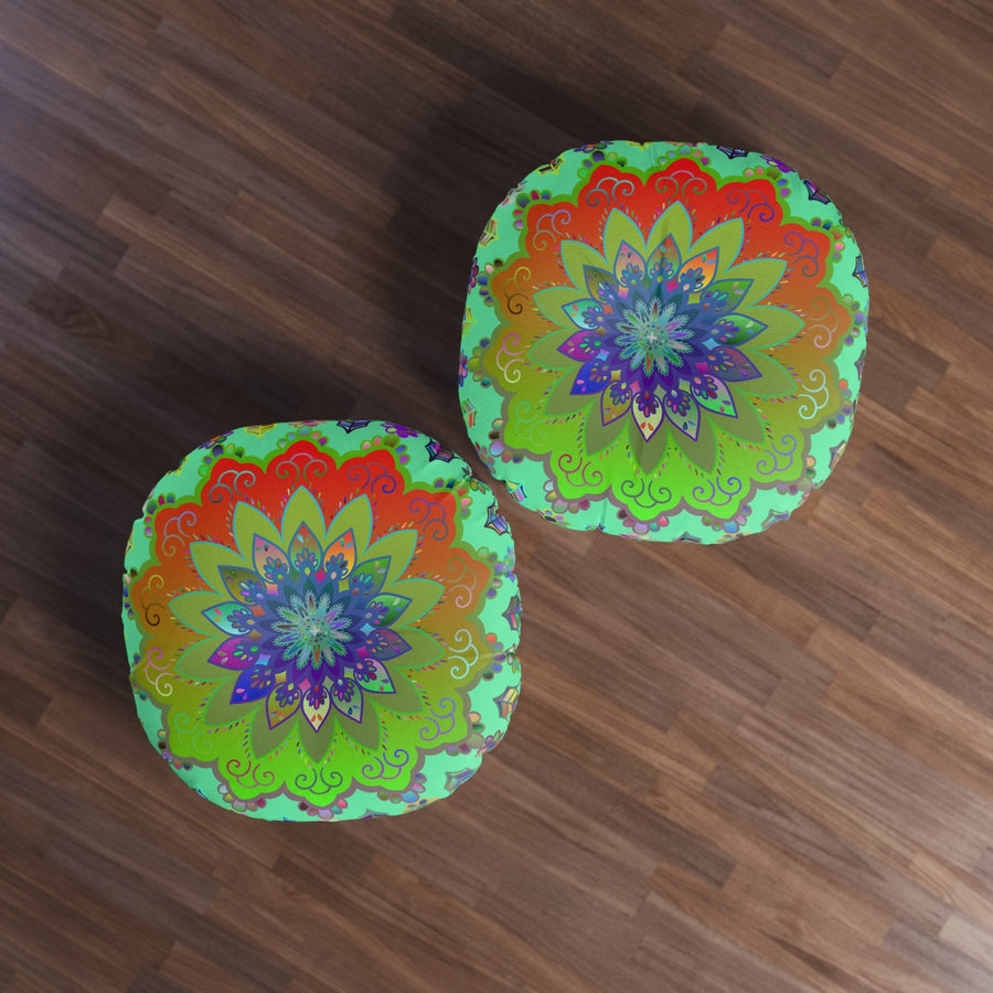 Floor Cushion Mandala Art Hand Drawn - Beautiful colorful Mandala on Fluo Turquoise background - Drawn by Hand - Tufted Floor Pillow, Round - Blululi