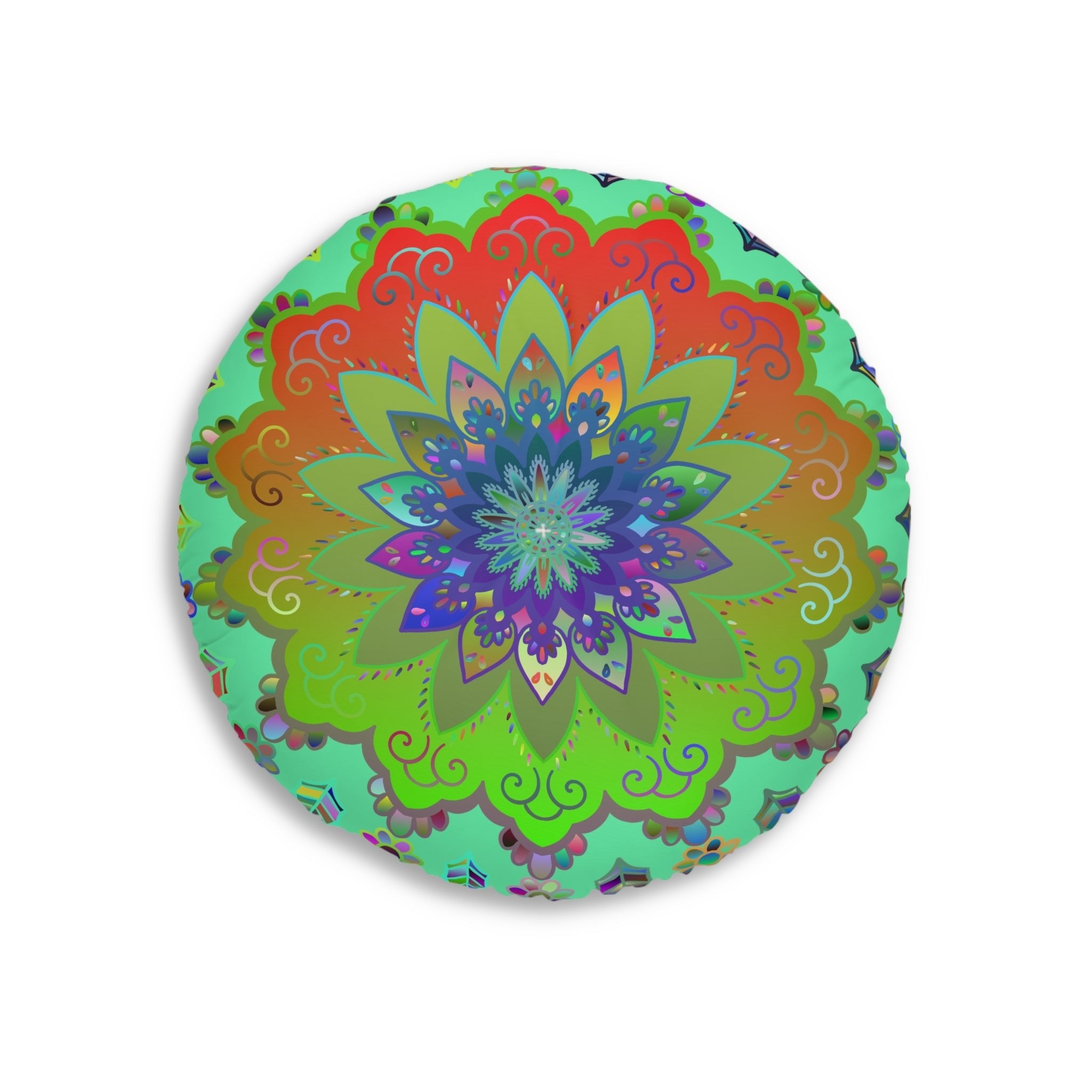 Floor Cushion Mandala Art Hand Drawn - Beautiful colorful Mandala on Fluo Turquoise background - Drawn by Hand - Tufted Floor Pillow, Round - Blululi