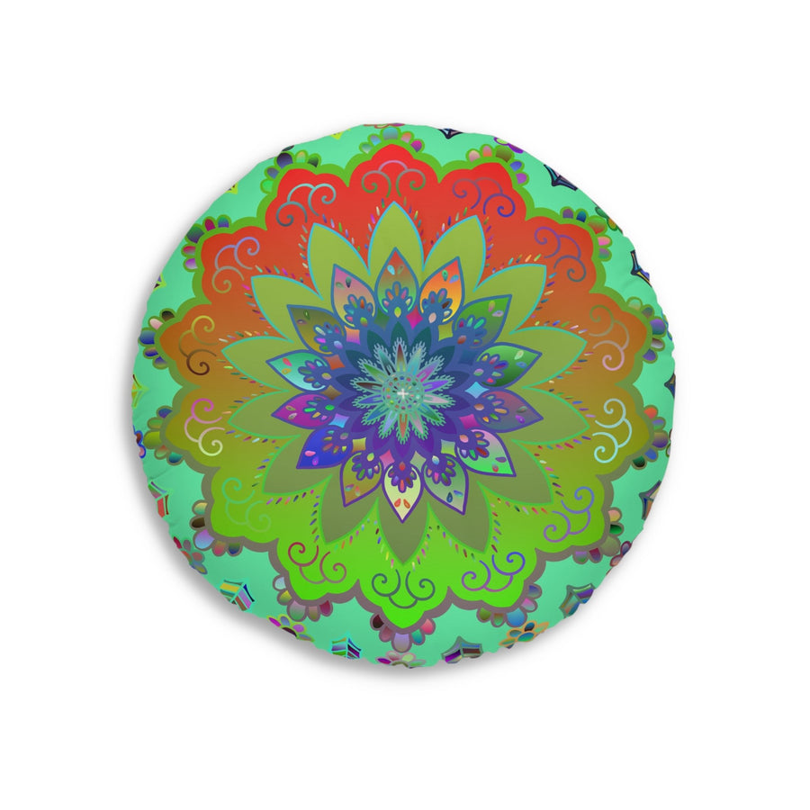 Floor Cushion Mandala Art Hand Drawn - Beautiful colorful Mandala on Fluo Turquoise background - Drawn by Hand - Tufted Floor Pillow, Round - Blululi