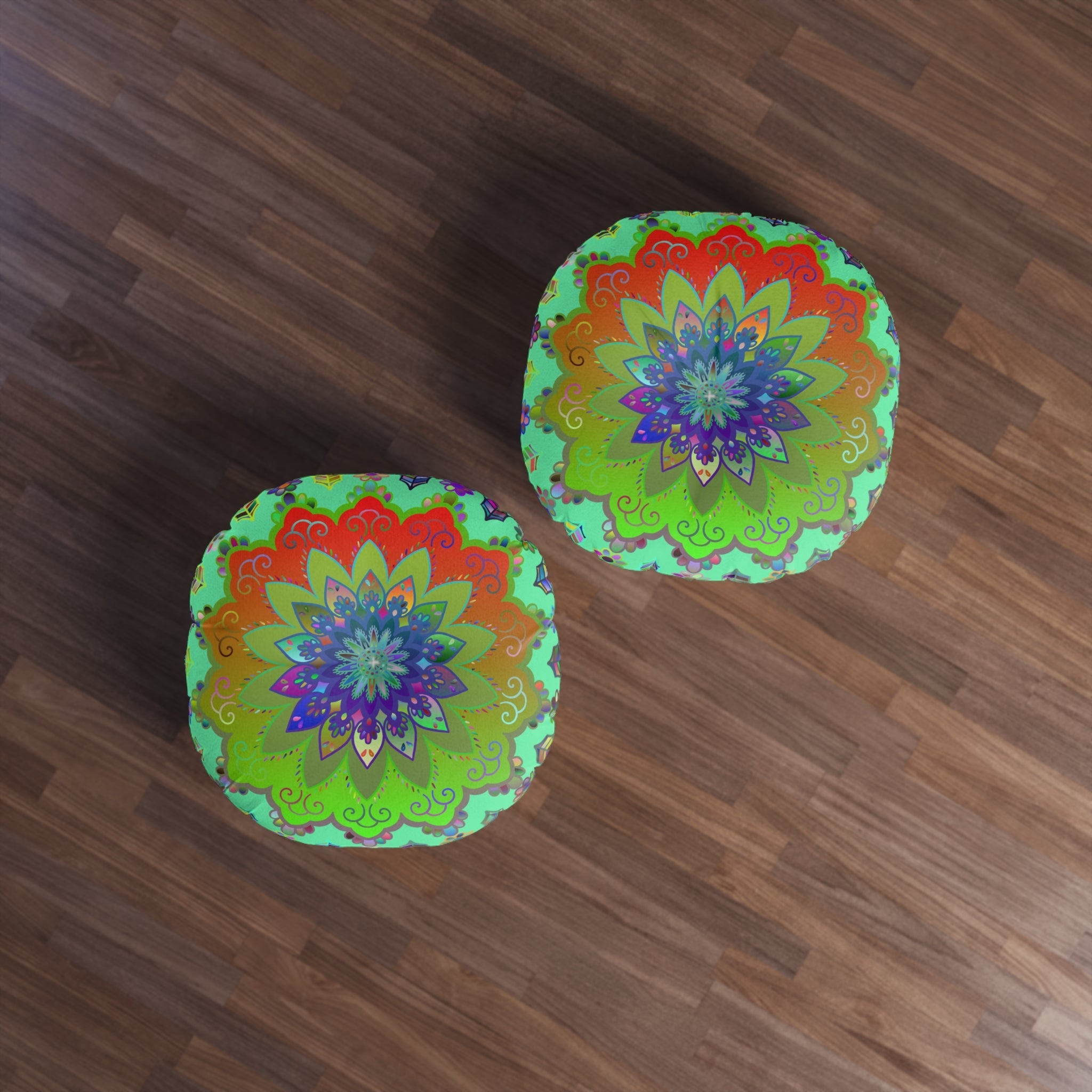 Floor Cushion Mandala Art Hand Drawn - Beautiful colorful Mandala on Fluo Turquoise background - Drawn by Hand - Tufted Floor Pillow, Round - Blululi