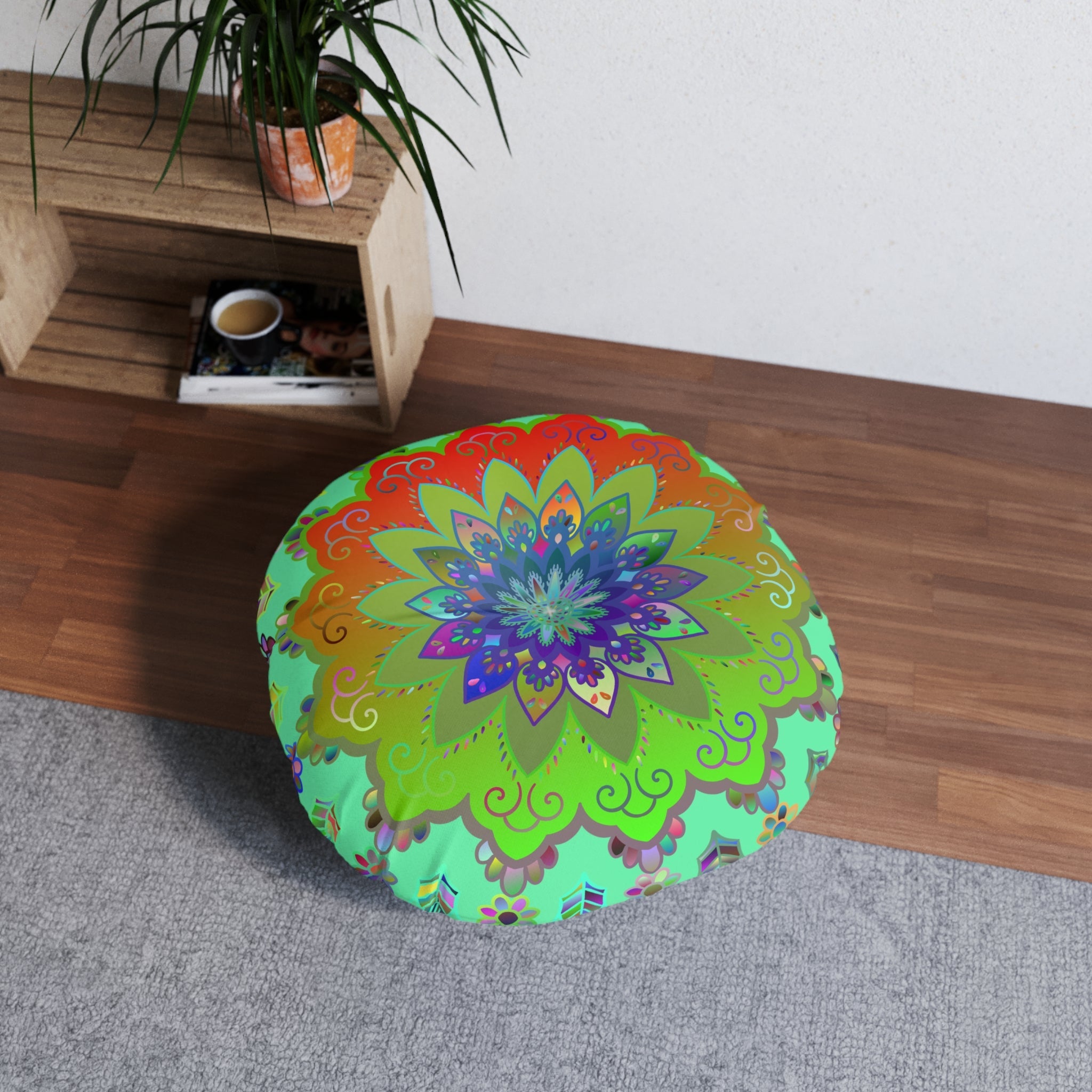 Floor Cushion Mandala Art Hand Drawn - Beautiful colorful Mandala on Fluo Turquoise background - Drawn by Hand - Tufted Floor Pillow, Round - Blululi