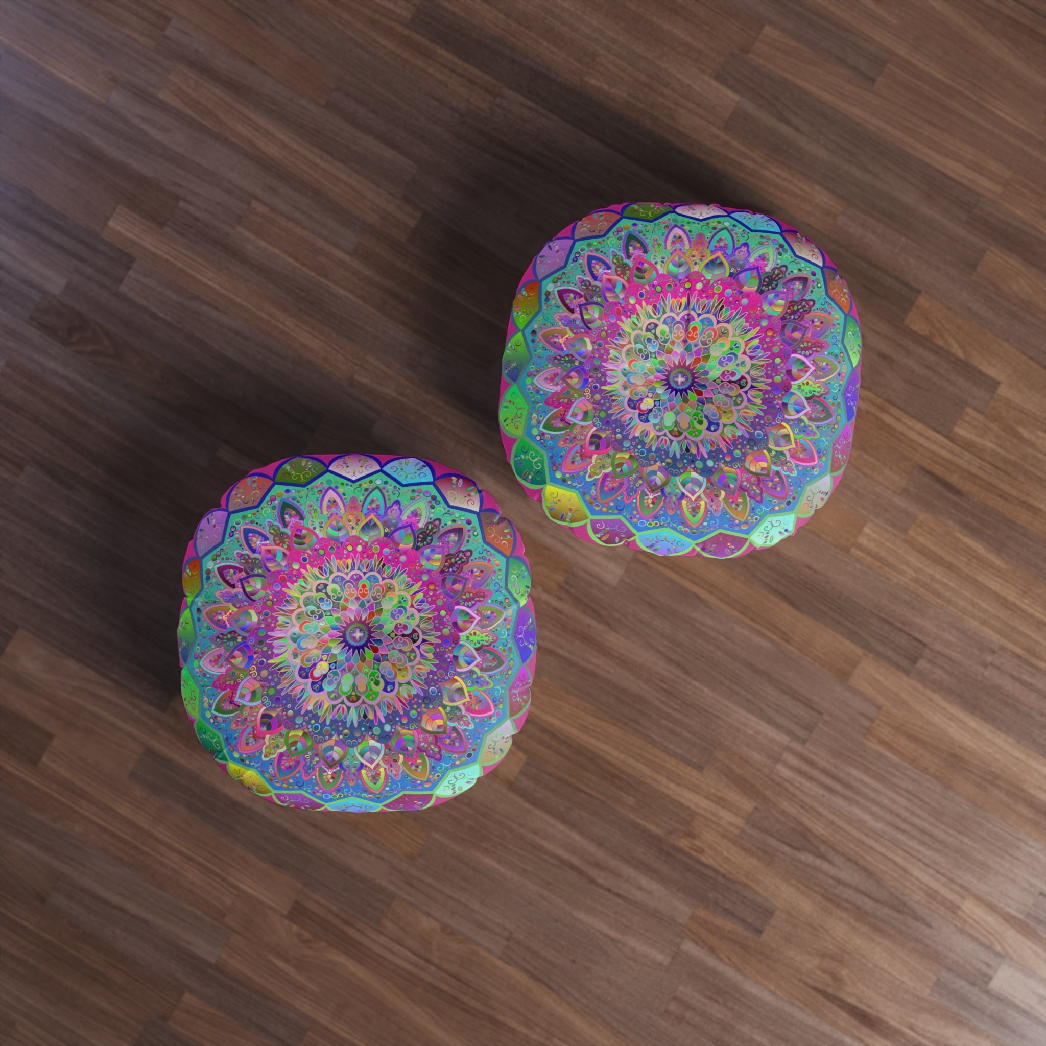 Floor Cushion Mandala Art Hand Drawn - Beautiful colorful Mandala on Fucsia background - Drawn by Hand - Tufted Floor Pillow, Round - Blululi